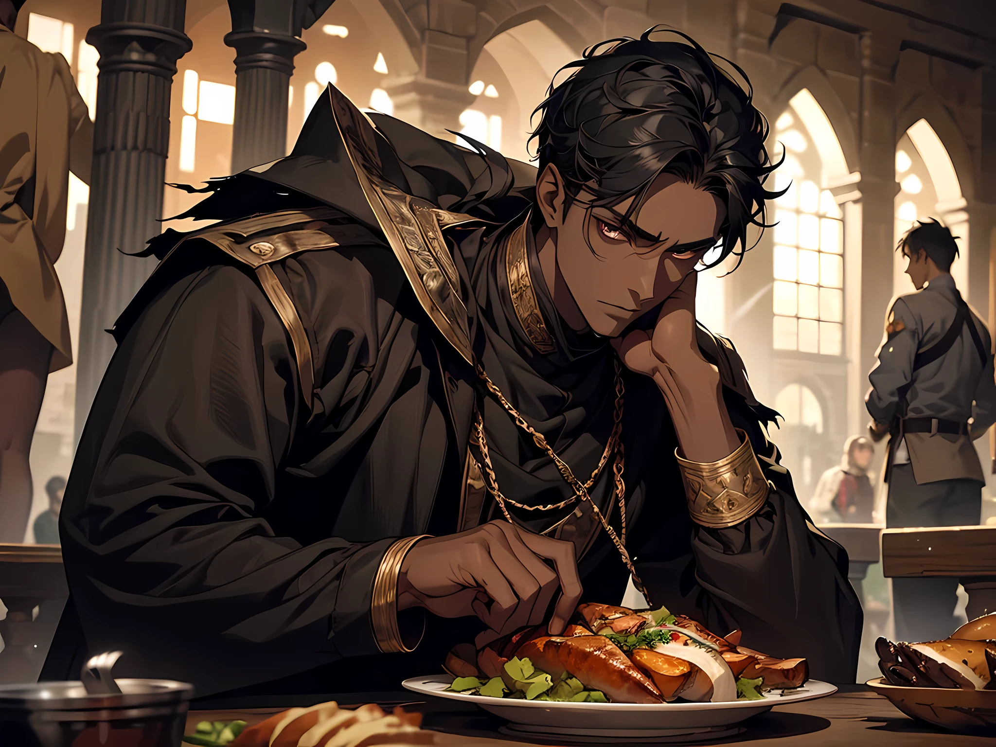 thin young man, dark skin wearing mask, slavery, this man is a slave, black hair, in a prison, detailed eyes, detailed face, detailed nose, handsome man, highres, dungeon, dark, medieval times, frustrated, torn clothes, in dining hall, dark night