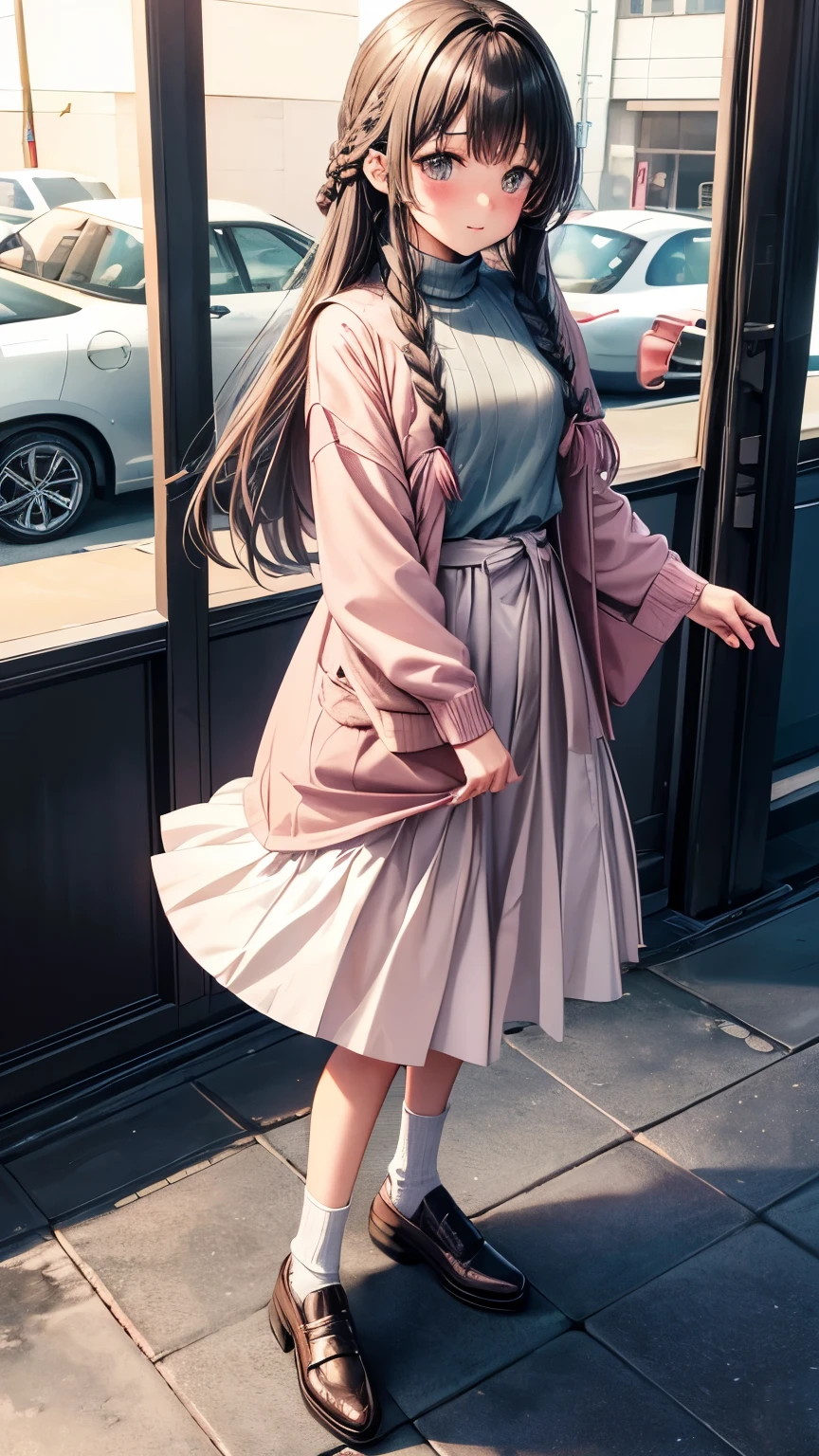 An elementary student Japanese girl ((flat chest , slender)), brown long hair((straight hair,Dutch braid on her head )((much blush bangs forelock:1.3)), tidy long sleeves casual shirts ((silver turtle neck )), black overcoat((pale pink color )),gray maxi length skirt, sparkly green big round droopy eyes, eyelashes, blush and passionate smile, fearless and tidy atmosphere, neatly posing, at snowing moments, full body, face focus, best quality