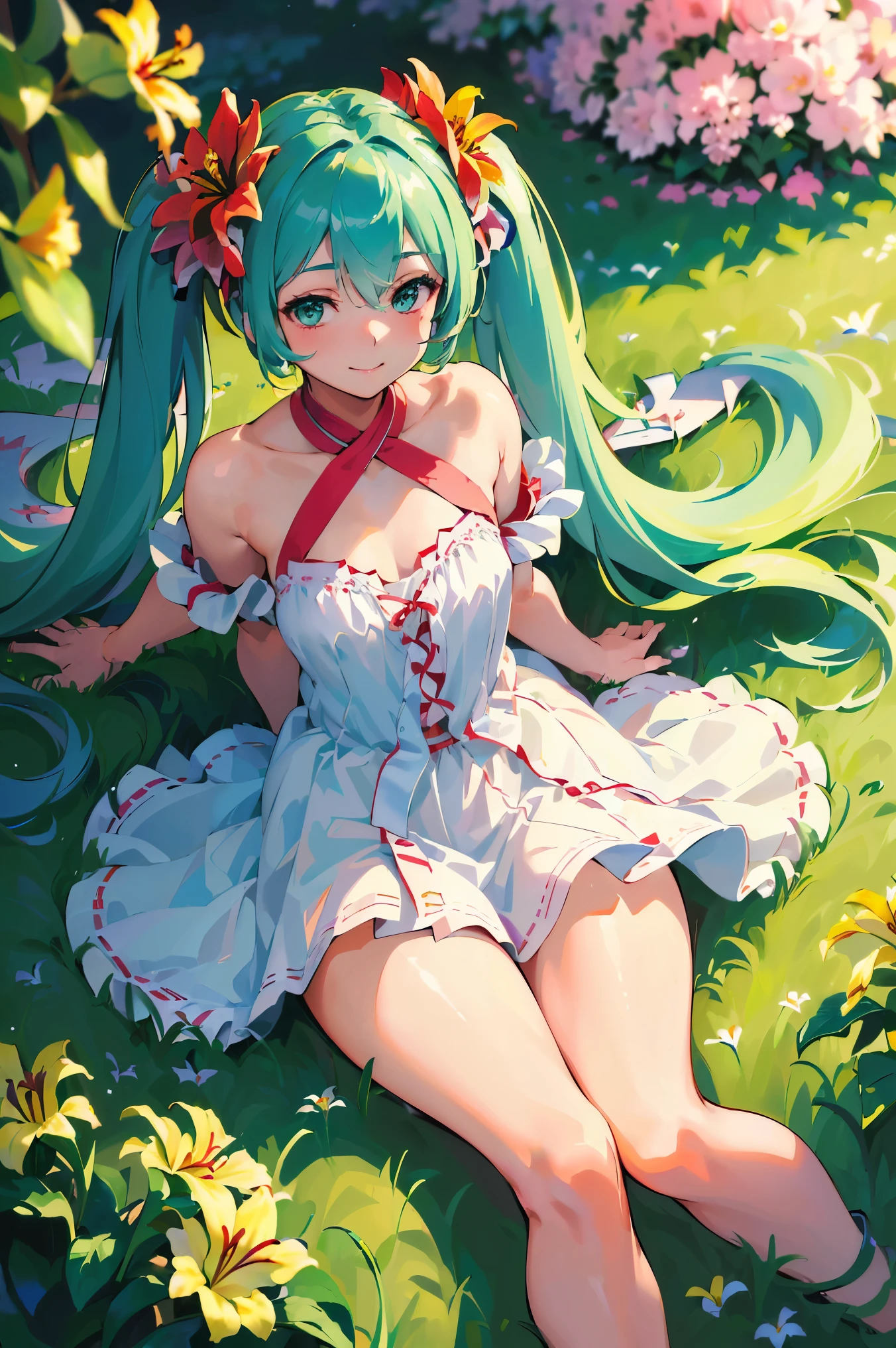 (masterpiece, best quality, high resolution:1.4), 1 girl, ((unified 8k wallpaper, illustration, lily_\(flower\), Beautiful and delicate girl)), Hatsune Miku, double tail, green eyes, small breasts, flower  field, flower, Red flower, plant, flower  field, Smile,