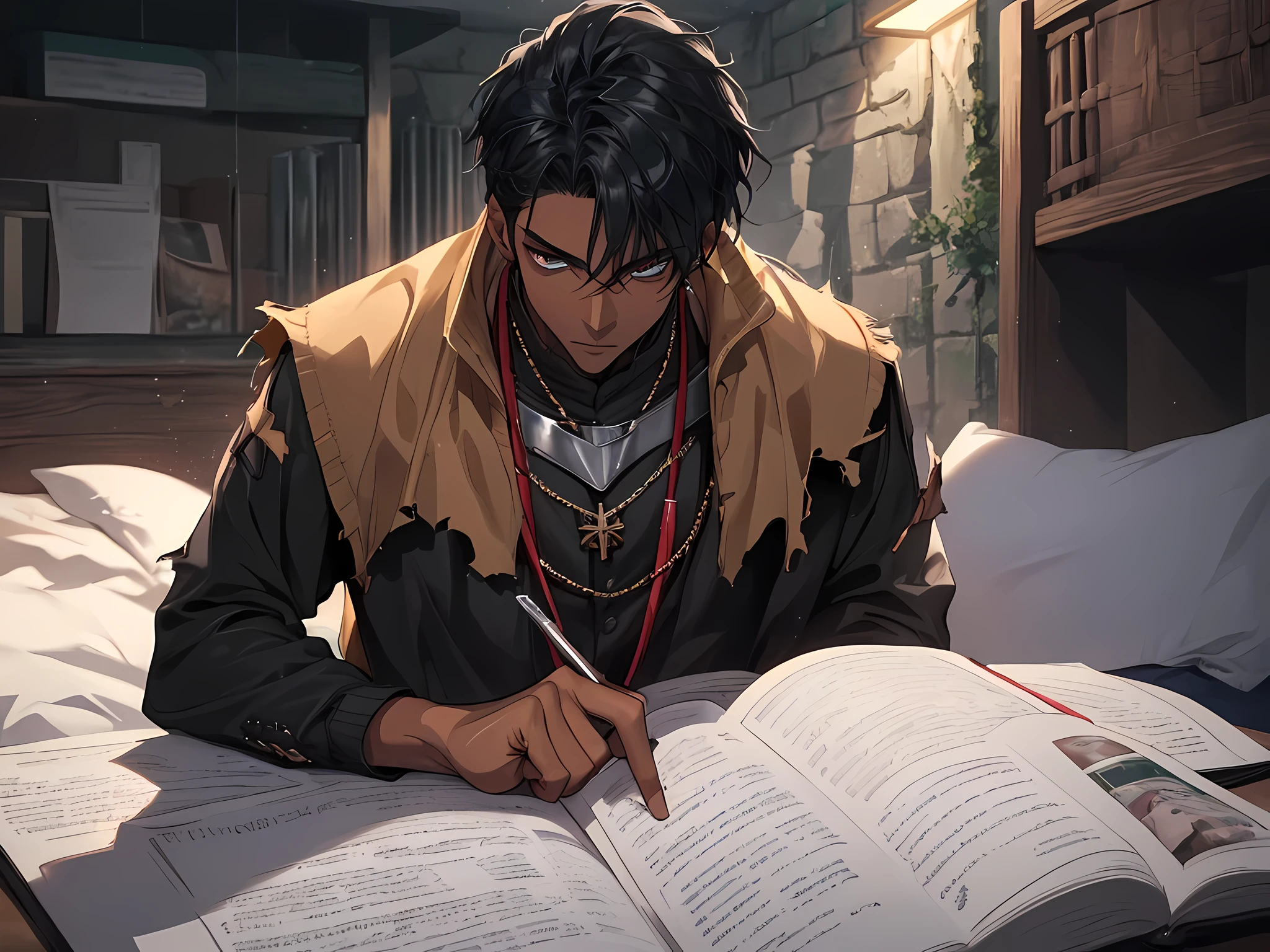 2 thin young men, dark skin, slavery, this man is a slave, black hair, in a prison, detailed eyes, detailed face, detailed nose, handsome man, highres, dungeon, dark, medieval times, frustrated, torn clothes, in bedroom, talking, dark night