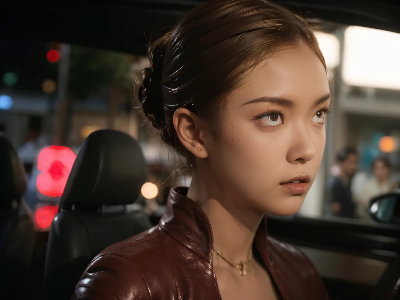 best quality, realistic, front pov, KristannaTX in a los angeles city street, (a female Indonesian supermodel), (wine red leather jacket:1.1), expressionless, stoic face, (dark hair), (updo hair:1.0), perfect eyes, sharp details, detailed face, face makeup, cheeks blush, eyeliner, eyeshadows, lip gloss, supermodel, (deep focus), (cinematic), (hard lighting), (night time), (dark lighting:1.0)