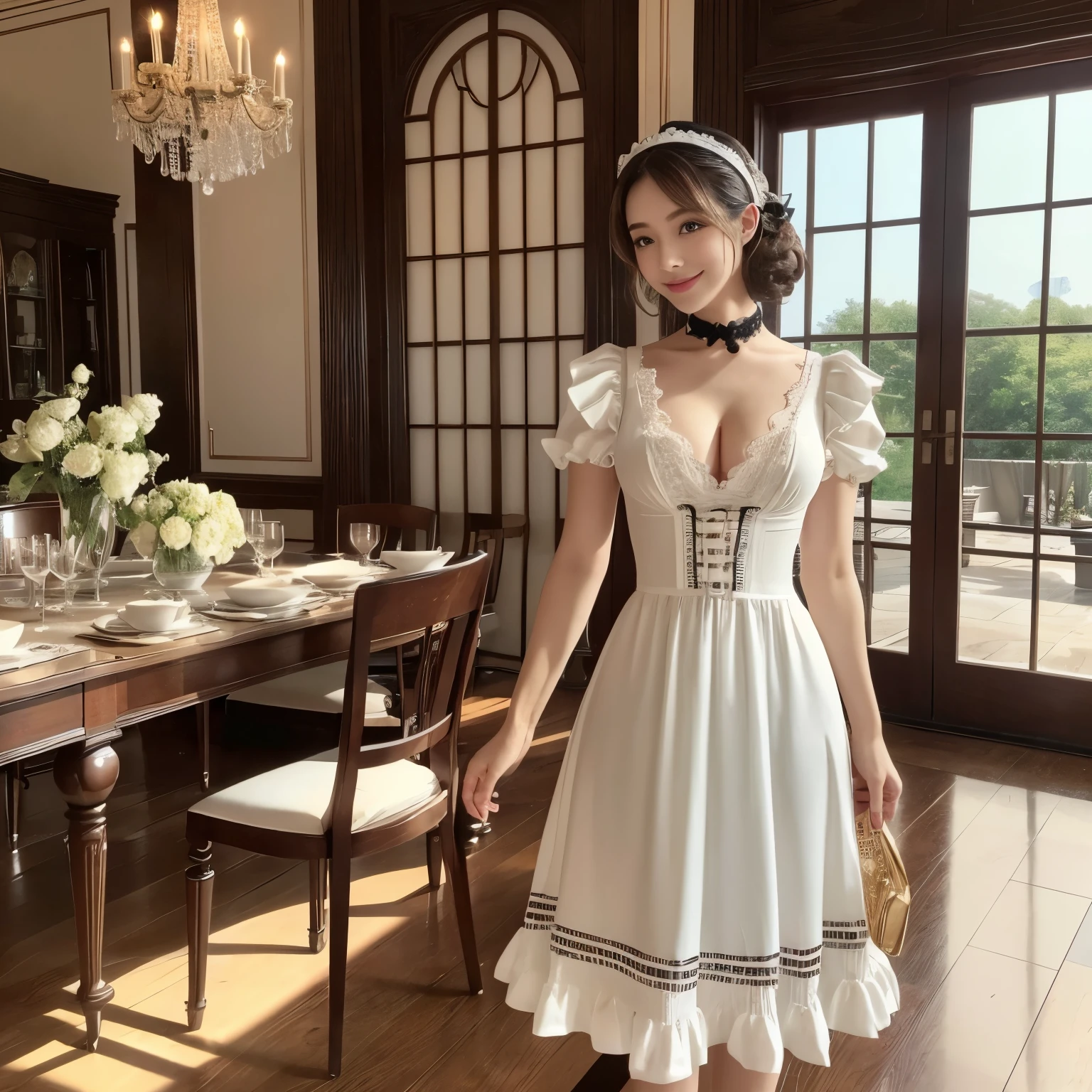 (masterpiece、highest quality、ultra high resolution、Award-winning work、8K)、one beautiful maid、gorgeous victorian maid dress、Luxurious long skirt black and white maid outfit、huge black and white maid dress、maid&#39;s headband、frilly apron and black and white maid uniform、smile looking at me、standing elegantly、Standing maid、luxury afternoon tea set、elegant tea time、perfect makeup、long eyelashes、brown hair、Very short curly hair、Small cleavage、small and soft breasts、slender、super high detail skin、Photo above the legs、Luxurious kitchen in an elegant mansion、Classy interior、luxury interior、elegant and beautiful mansion、accurate anatomy、natural and perfect furniture arrangement