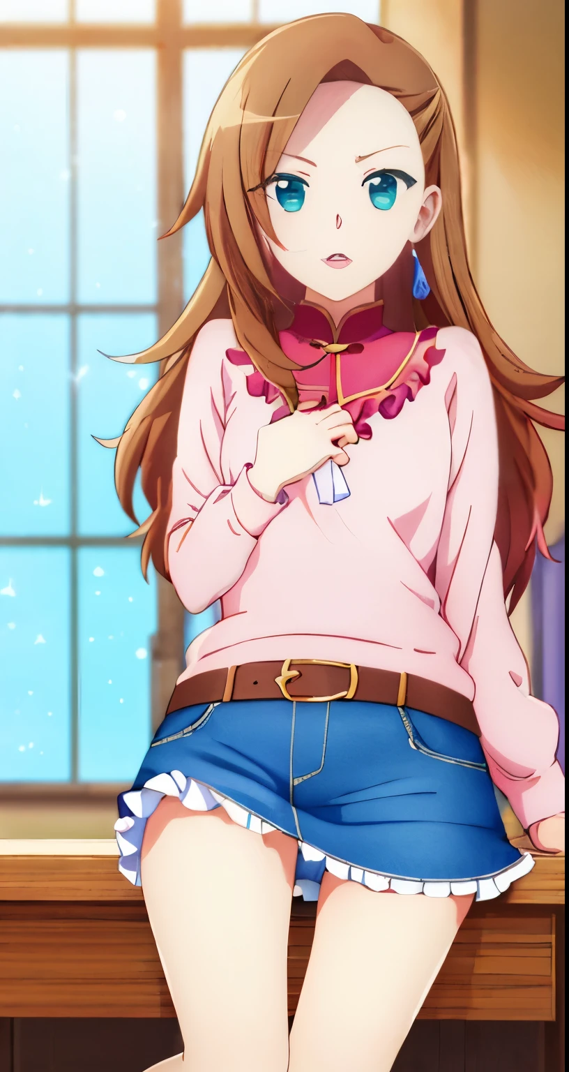 (highest quality))), ((super detailed)),katalina、 ((ion in illustr)), ((messy hair)), Short blouse、((frills)), Denim Super Mini Skirt、crawl ????????????、open your mouth、beautiful woman、beautiful ???????、???????????、show whitepanties,Beautiful ?????????、(1 girl),(alone),brown hair,cowboy_shot, long hair anime girl, official art work, Official illustration, Yoshitomo Nara, anime goddess, official character art, harumi