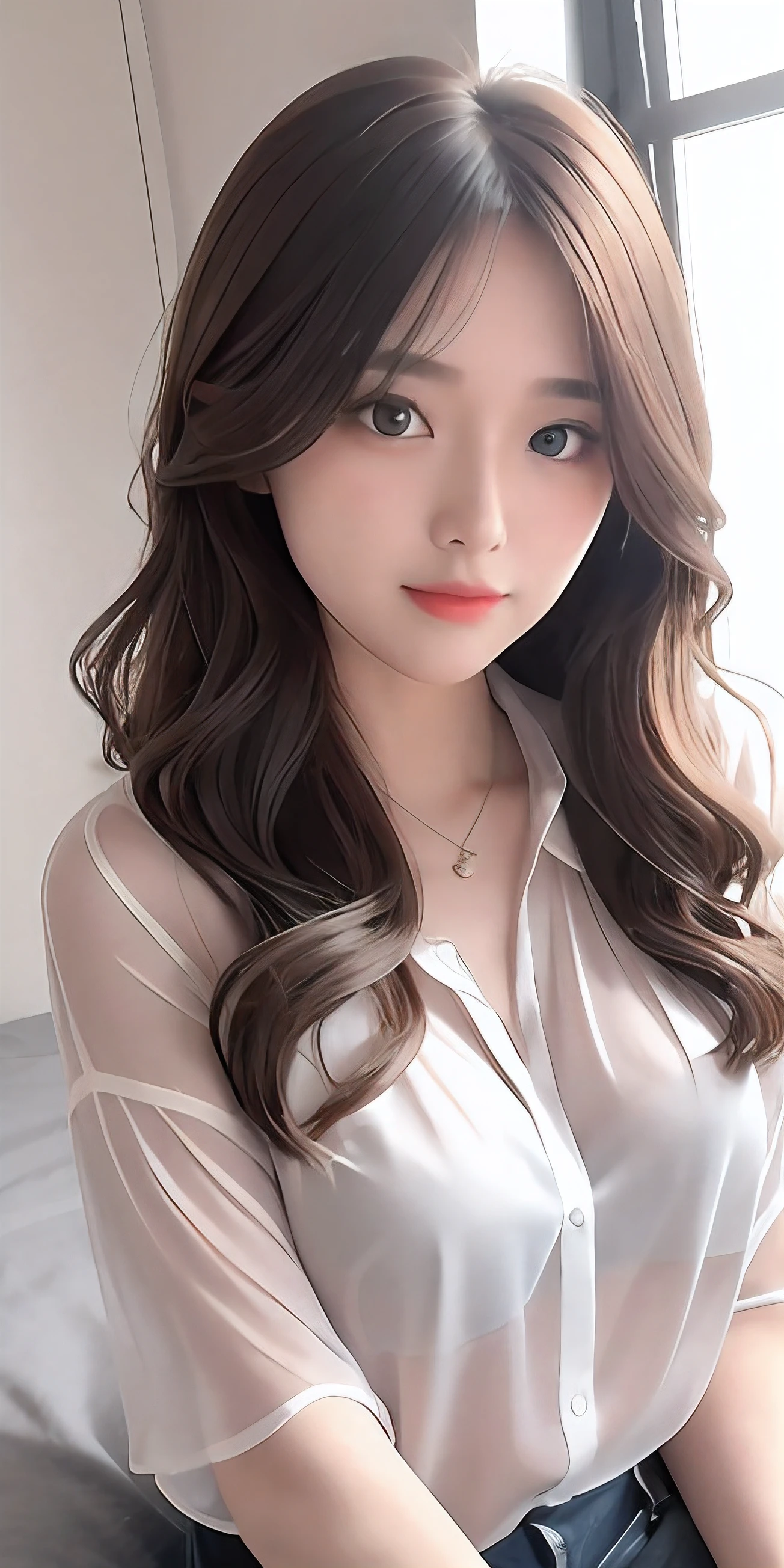 One girl sitting on the windowsill、mix 4、Unbuttoned see-through shirt blouse、pillow、lips、open your mouth、realistic、picture_\(curly\)、solo、(masterpiece)、(Photoreal:1.3)、super detailed、(high details)skin:1.2)、(highest quality:1.0)、(Super high resolution:1.0)、(Ulzzang-6500:0.3)、wavy fine hair、hair length、Light of the sun、(Beautiful detailed makeup)、(sexual excitement、blush、heavy breathing:1.0) )、、(soft glove room:0.5)、No bra、big and full breasts