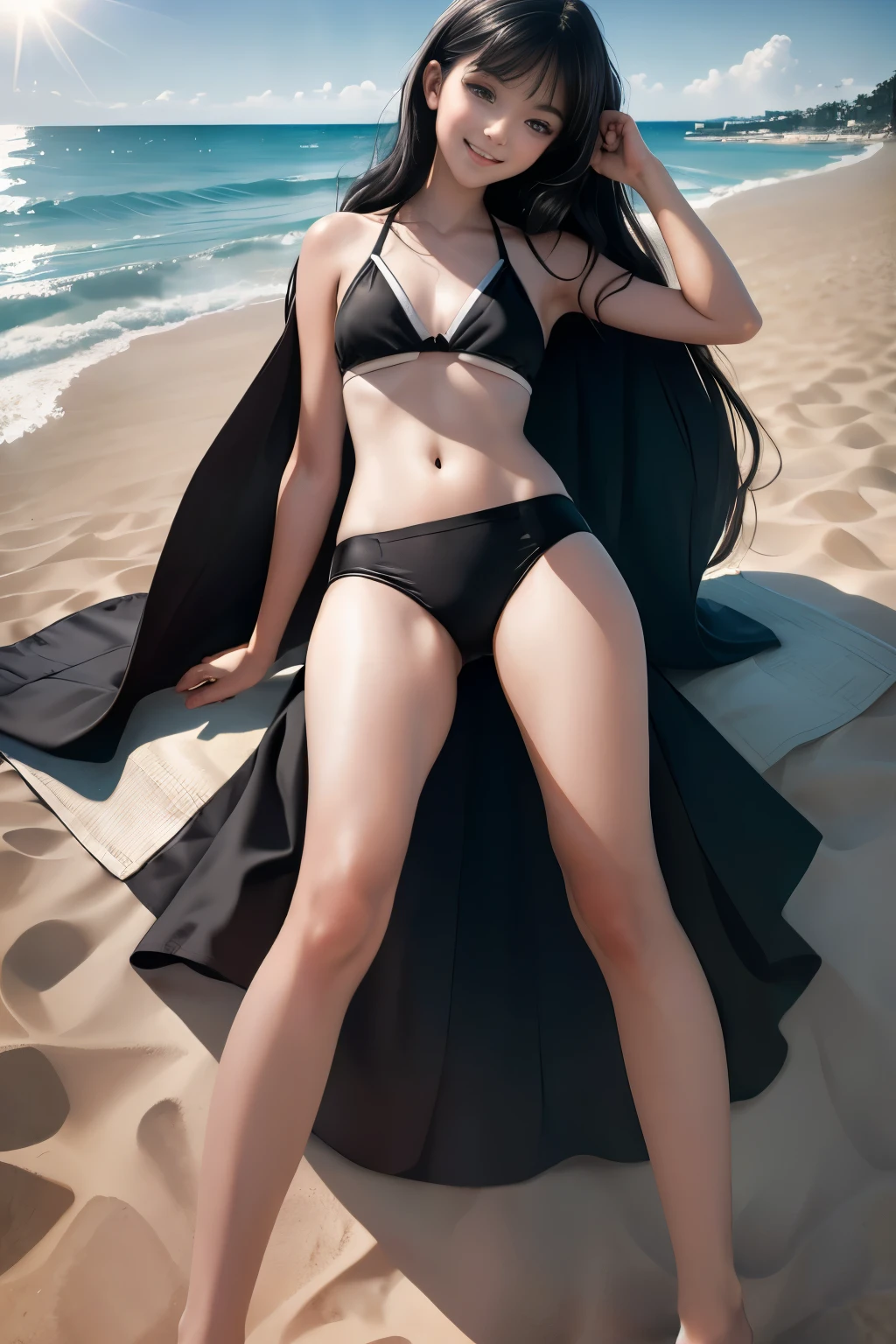 masterpiece, best quality, hyperrealistic, cinematic photo, 16 year old woman,pale skin, japanese amazing slim body, black bikini, bare foot, wavy black hair, large legs, wide hips, perfect hands, beautiful face, perfect face, pretty japanese, youthful, smile, (blured background), modern style, from below, (low-angle shoot), low_angle_human, standing, (view viewer), looking at viewer, front footage, (8k, epic composition, photorealistic, sharp focus), sophisticated background, beach, underneath, sunlight, sun rays, DSLR, foil grain