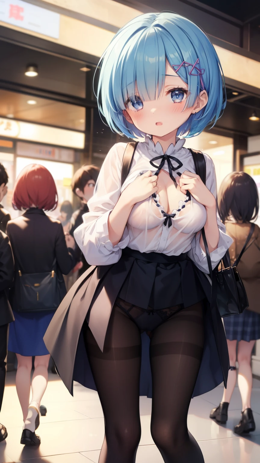 Rem of Rezero、blue hair、short hair、table top、High resolution、Lots of girls、multiple girls、large crowd、かわいいLots of girls、big and full breasts、naughty body、underwear only、See-through、pink lingerie、throw、、whole body、Are standing、Looking up at me、Confused face、blush、black pantyhose、female shape'Private parts are clearly visible、I can see the nipples、white shirt、Navy checkered skirt、micro mini skirt、very short skirt、department store、The shops、Many people々、in the crowd、bare chest、show your chest、from below、Low - Angle