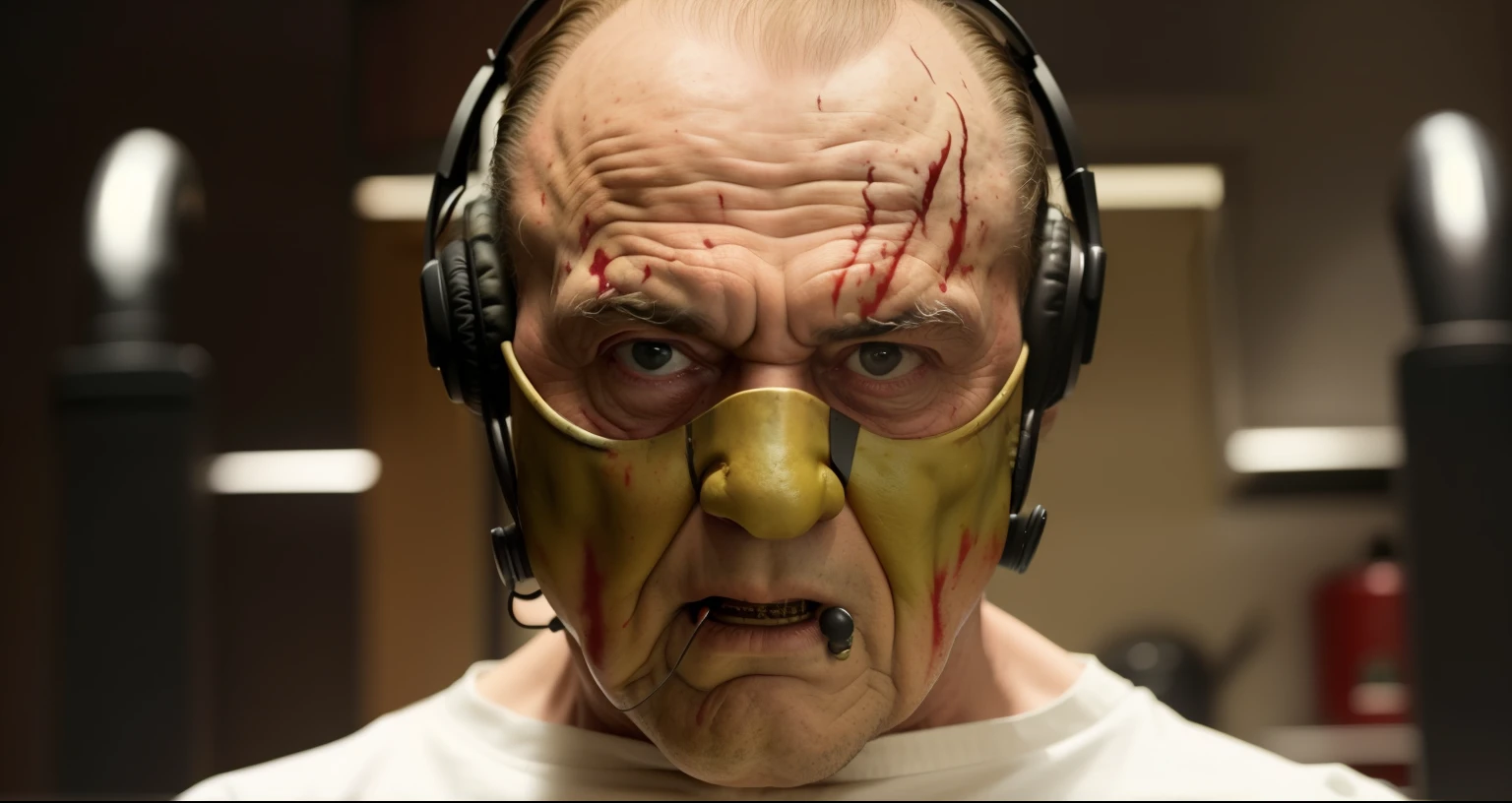 Man wearing mask and headphones in a kitchen, canibal lecter, canibal lector, canibal, marlon brando as baron harkonnen, iconic movie character, o homem mais assustador do mundo, imagem assustadora em cores, Highley rosto detalhado, Antônio Hopkins, Horror", Horror ", inspirado em James Bolivar Manson, Filme de 2022