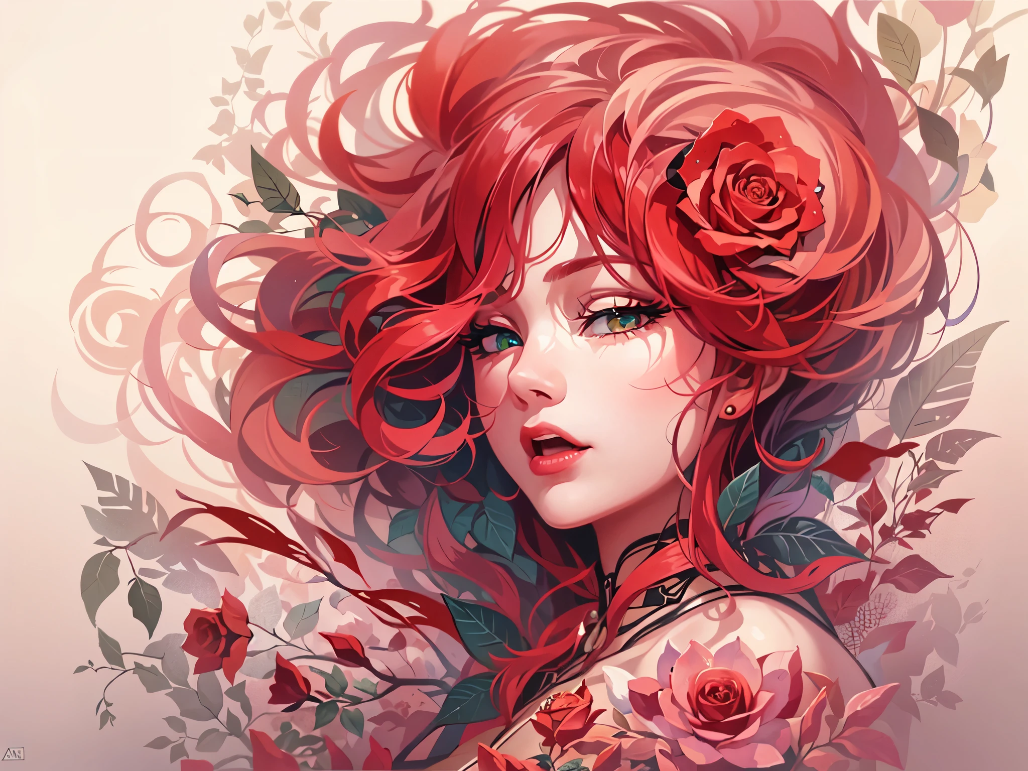 illustratio,white backgrounid,(by Artist Anna Dittman:1.2),best qualtiy,ultra - detailed,Detailed light,Extremely refined and beautiful,The light and shadow are soft,(red colour、dark red color、Rose red、Wine red color、Dark green),Rose flower,Sexy women,Dress coolly,red tinted hair,Lots of patterns、complex patterns,(Stay within boundaries、closeup of face),flat illustration