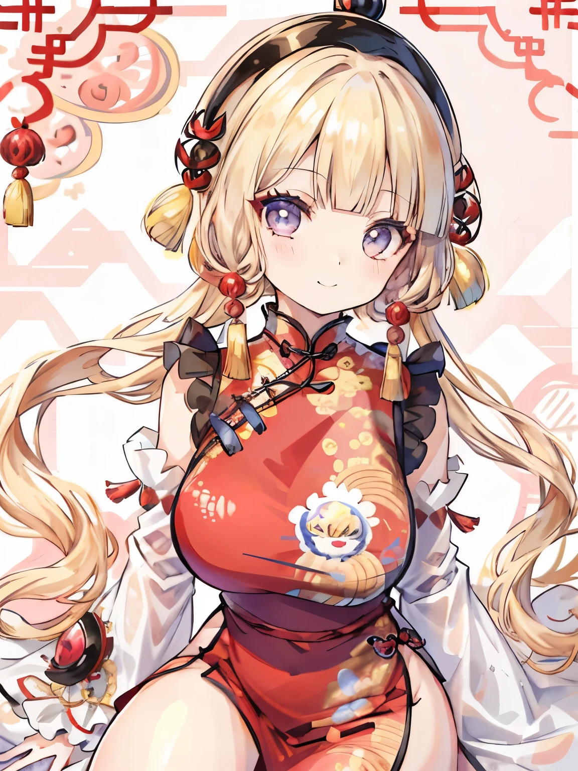 girl,light golden hair,Twin curly hair,BREAK//(double sleeve long sleeve),((Chinese dress with lots of frills:1.3)),((long hem)),((BREAK//)),((Kaminarimon pattern background:1.6)),((blue background)),close up of face,(Cute smile),