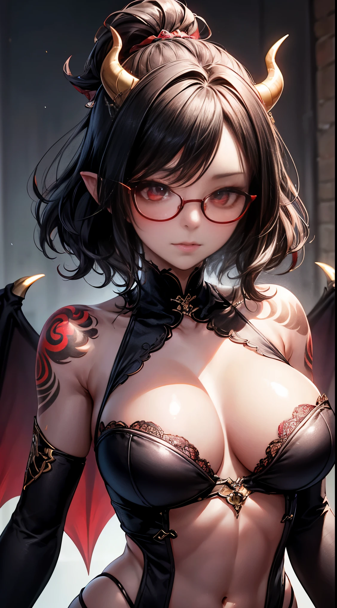 delicate, best illustrations、8k UHD resolution、intricate details、highest quality、realistic、Super detailed、best lighting、best shadows、soft lighting、Ultra HD、地獄から来た美しいdevilの女性, Surreal female portraits by David Hockney and Alphonse Mucha, fantasy art, chinese doll、magic、 A Necromancer、night、dark style、Succubus、devil'Daughter of、bat wings,(((devil'horn)))、((((black-rimmed round glasses))))、(((big breasts)))、(devil'tail of)、(Red eyes glow:1.6)、 intricate tattoo, demonic intricate tattoo, Tattoo on the thigh, body tattoo, masterpiece、beautiful face、baby face、muscular seductive body、devil'seductive body、Fascinating black magic costume、ティンダルeffect、realistic写真、(high detail skin:1.2)、 (intricate details, compensate, face to face with the children_v1:0.5), (詳細な美しくdelicateな顔, 細かく美しくdelicateな目, perfectly proportioned face, high resolution skin, fine skin, Optimal ratio of 4 fingers and 1 thumb, arm under chest, red tattoo on lower abdomen、wow wow, wide hips, smooth abdomen, thin and thin skin, __fashion__, __hair__:1.25)、 absurd、Ponytail distortion、1 girl、赤い輝くgemのネックレス、gem、beautiful expression、body up、big breasts強調、tight waist、wide ass、effect、Photoreal、(high detail skin:1.2)、sexy pose, cleavage, Ahefacial, scenes of joy, wavy short hair, Lace underwear with intricate patterns, torn underwear, legs open, Lots of big monsters, Rape sex from monsters, Tentacles inserted into female genitalia, tentacles in mouth,(upper body portrait), Protagonist Close-up