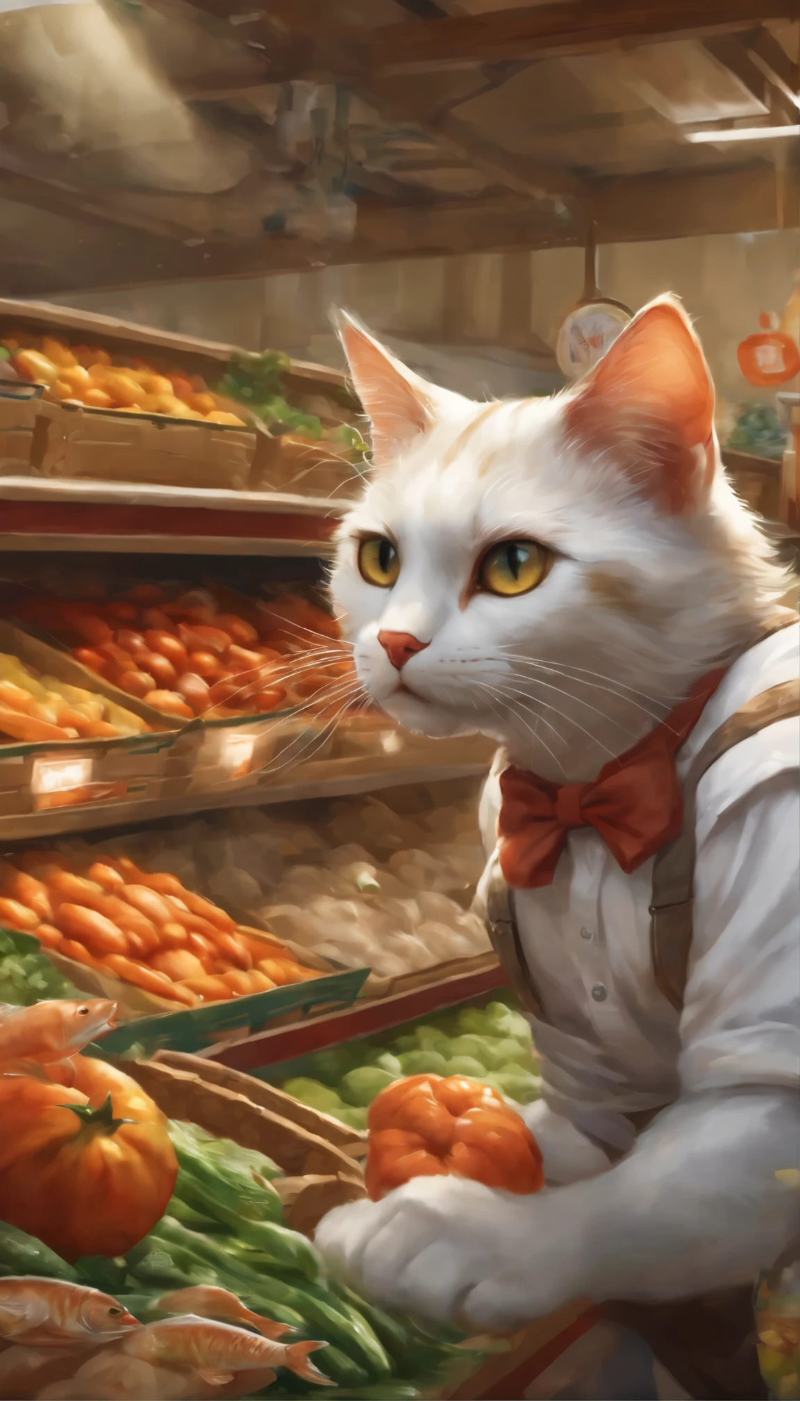 cat's eyes, Muscular cat, white shirt, overalls, supermarket, Inside the store, Add fish and steal the fleeing fish, by Kenket, (sharp focus, masterpiece, 8K, intricate artwork, very detailed, high detail)