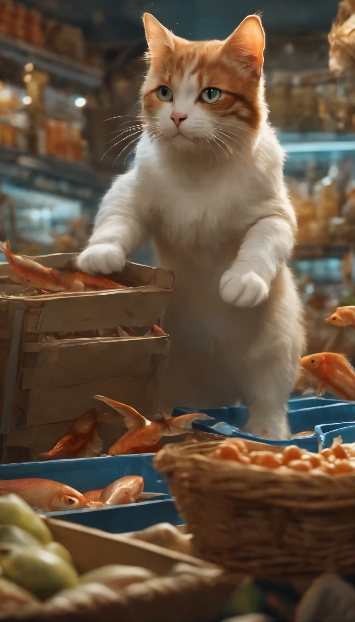 cat's eyes, Muscular cat, white shirt, overalls, supermarket, Inside the store, Add fish and steal the fleeing fish, by Kenket, (sharp focus, masterpiece, 8K, intricate artwork, very detailed, high detail)