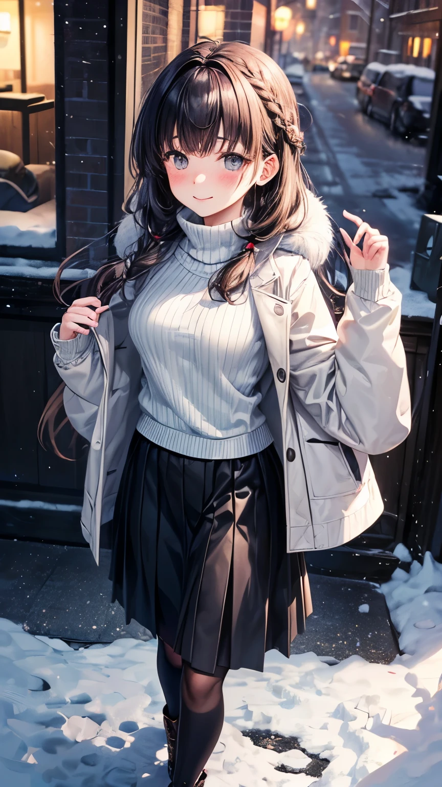 An  Japanese girl ((very small breast , slender)), deep brown long hair((straight hair,Dutch braid on her head )((much shaggy blush bangs forelock:1.3)), tidy long sleeves casual shirts ((silver turtle neck )), black overcoat((gray color )),gray maxi length skirt, sparkly green big round droopy eyes, eyelashes, blush and passionate smile, fearless and tidy atmosphere, neatly posing, at snowy moments in dark midnight , full body, face focus, best quality