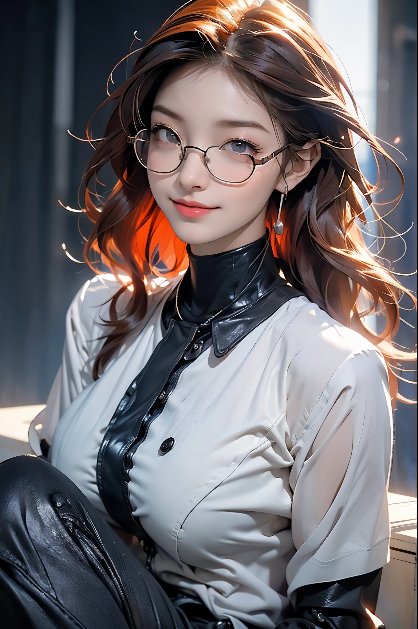 5-people, Futaba, purple eyes, Glasses, long red hair, earphone, masterpiece, (masterpiece, top quality, best quality),1 girl, alone, bodysuit, breast, long hair, White background, Smile, simple background, medium breast, helmet, looking at the audience, tight skin, sitting, lips, blue bodysuit, motorcycle, black Gloves, Gloves,Naked trench (巨大的breast:1.2),wet skin((rogue))Cool atmosphere,shiny skin