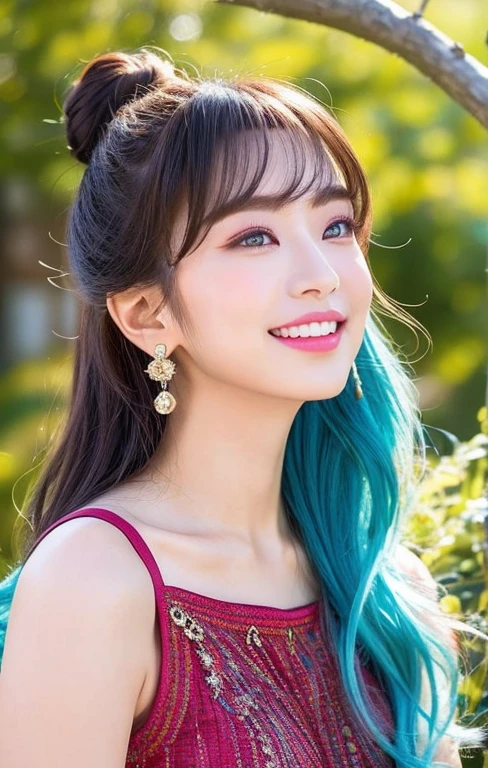 (Realistic:1.5), A highly detailed photo of a stunningly beautiful of a korean woman in a minuscule clothes. Long rusty-cyan colored hair blowing in the wind . Dazzling and glowing orange-red eyes, (freckles:0.3). Cute sexy, magenta lips,mouth smiling wide with joy. Leaning towards the camera. Free-spirited persona. Looking directly at the camera and winking,swept bangs, long wavy hair, bun_hairstyle, Earrings of bird feathers up to the shoulders、fancy chocker, professional makeup
