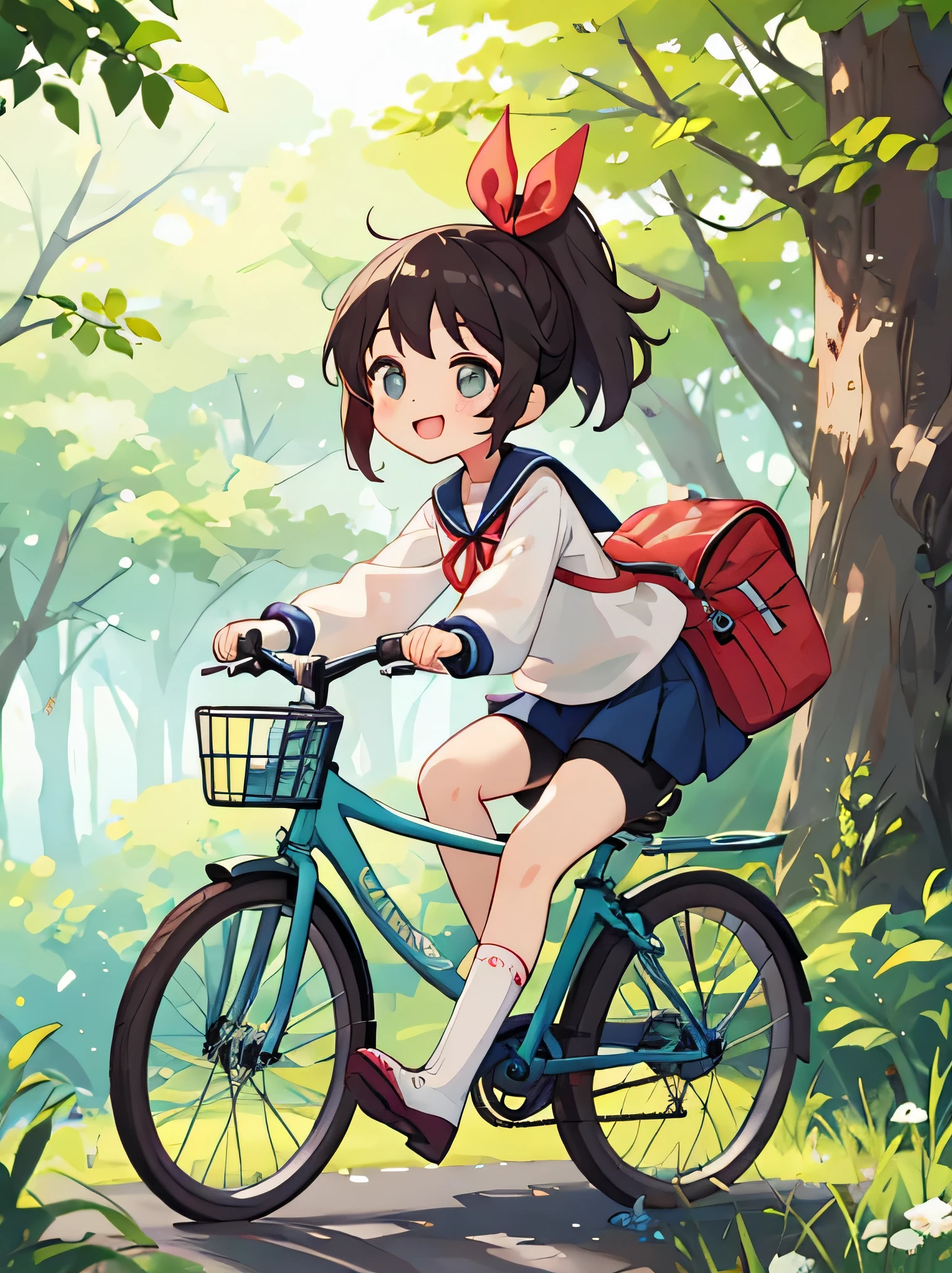 highest quality、detailed background、beautiful and detailed face、beautiful and smooth skin、Cute beautiful Iful Girl、Cute character wearing a sailor suit.、The costume is a uniform with a sailor collar and ribbon..、Cute Ponytail、 sleeveless、knee high socks、pleated mini skirt、Ride your road bike through nature parks and bike paths、Car traffic is restricted in nature parks and bicycle paths., For a safe and comfortable ride.。In a place surrounded by beautiful nature and greenery、Enjoy a relaxing drive.。smile