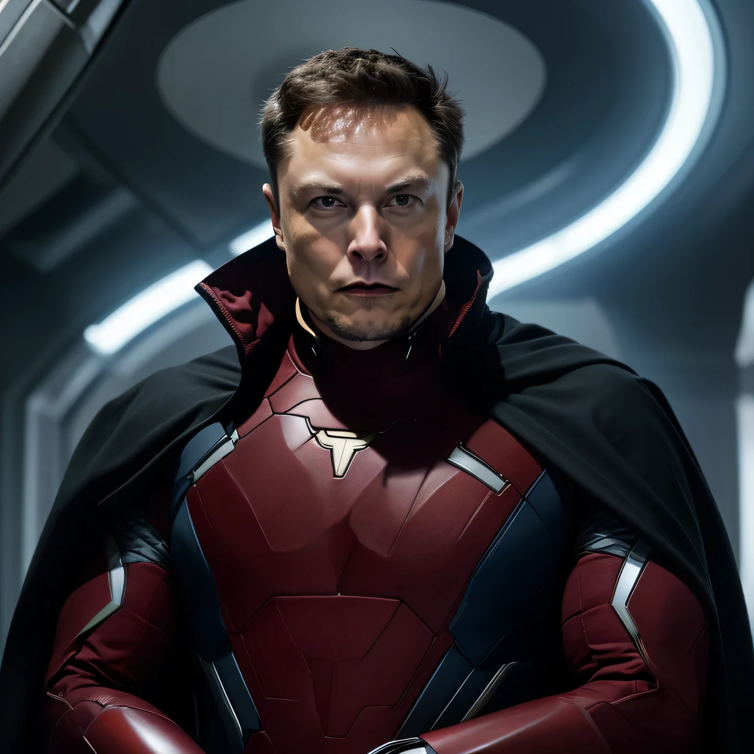 Generate a prompt from Elon Musk dressed as a Marvel superhero, facing a villain from Delaware. Elon Musk should be portrayed in a heroic posture, wearing a costume that resembles a Marvel superhero, complete with a cape and the iconic Tesla logo on the chest. He must exude determination and confidence when facing the villain. Delaware's Villain Must Be Portrayed as a Formidable Adversary, talvez vestindo um terno que represente o poder corporativo ou autoridade legal. A cena deve capturar a intensidade do confronto, with dynamic poses and expressive facial expressions that convey the stakes of your conflict.