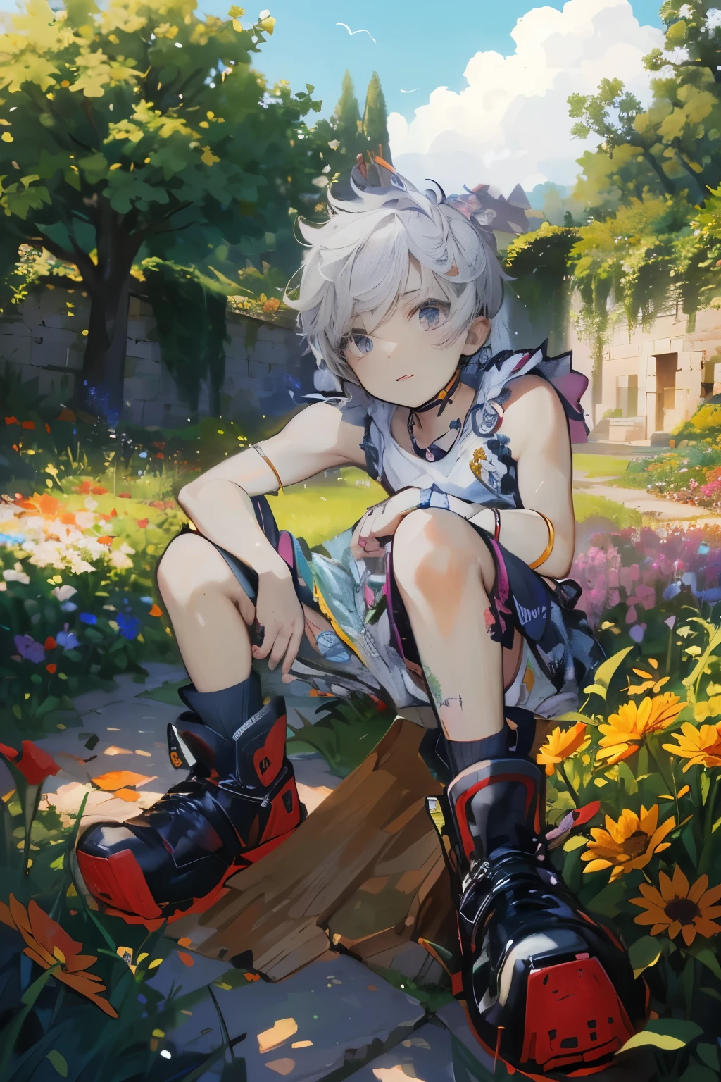 (4K), Little boy with white hair and bare feet and tiny little feet in white clothes, he is sitting in a flower field, covered with blue roses, and pray, Fog, Impressionism, 2D, (spines: 1.1), (dead wood: 1.1) focused on feet,