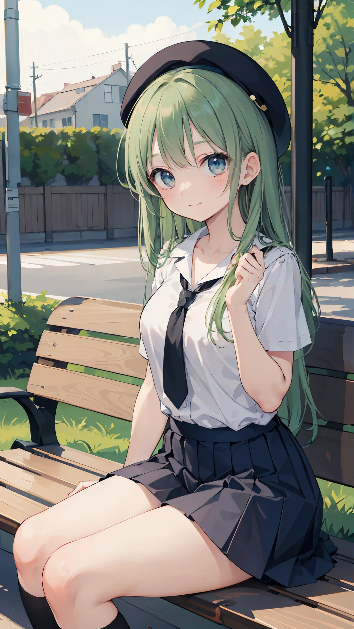 woman posing for a photo, shy smile, Happy, long hair, green hair, straight hair, fine skin, beautiful hands, Beautiful fingers, Wearing a beret, tie, Blouses with short sleeves, pleated skirt, thighs, Absolute area, knee socks, during the day, hot summer day, School, schoolyard, sitting on the bench, Canned juiceを持っている, natural lighting, detailed face:1.2, sharp focus, hasselblad photography, masterpiece, light makeup, cinematic lighting, 4K, highest quality, sharpness, anime(1.2), anime調, whole body, Canned juice, 
