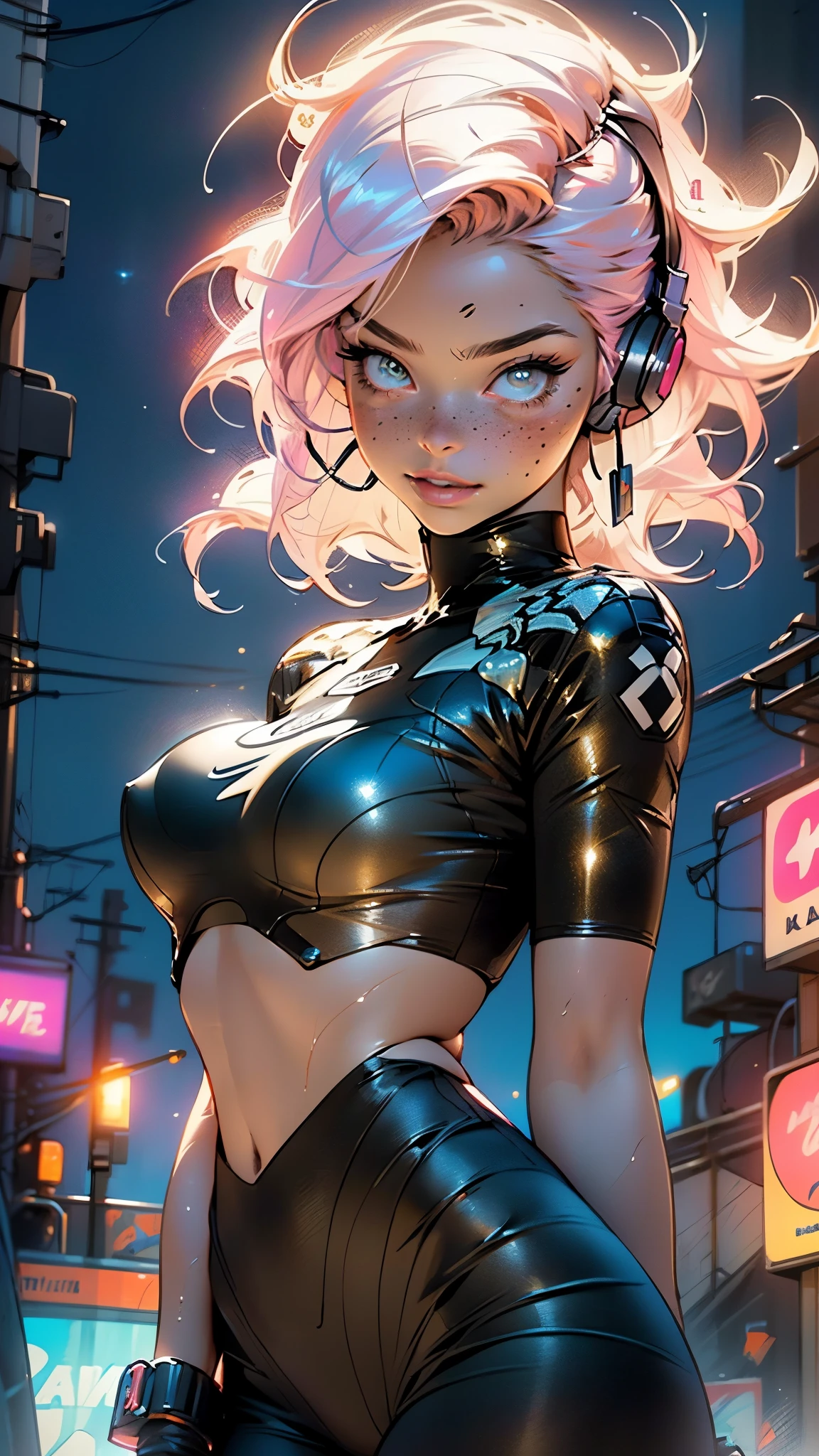 sporty girl,(((1girl))),((girl with bubblegum pink hair and freckles,extremely cute and gorgeous)),
(large breasts:1.4),saggy breasts,(((bubblegum pink hair:1.35,straight hair,long hair:1.4,colored inner hair,ear breathing))),((heterochromia:1.5, (pink_eye and aqua_eye))),(((freckles on the face,freckles,freckled girl))),((fat)),(((lustrous skin:1.5,bright skin: 1.5,skin tanned,shiny skin,very shiny skin,shiny body,plastic glitter skin,exaggerated shiny skin,illuminated skin, wet legs))),(spider lower abdomen,narrow waist,wide hip,athletic body,inflated legs, thick thighs,detailed body,(detailed face)),
cute,slutty,seductive,erotic,((nsfw)),
zettai ryouiki,((two-piece swimsuit magenta,wearing a bikini outfit:1.3,sport bikini)),(rgb headphones:1.5,cyber gloves:1.5,huge mech-gloves),((wet clothes,intricate outfit,intricate clothes,intricate swimsuit, intricate bikini)),
(dynamic pose:1.0),embarrassed,(centered,scale to fit dimensions,Rule of thirds),
cyberpunk city by the ocean at night, with bright neon signs and dark stormy clouds and puddles, scenery:1.25,nighttime, starry night, cosmos,Very dark night that makes the neon lights stand out, very bright neon lights,nighttime, starry night, cosmos,
artistic photography,(photography taken by sldr),highres, sharp focus,(ultra detailed, extremely detailed), (photorealistic artwork:1.37),(extremely detailed CG unity 8k wallpaper),((synthwave background theme)),(((vibrant colors))),intricate,(intricate background),(masterpiece),(best quality),perfect rendered face,perfect face details,realistic face,photo realistic,analog style,((intricate detail)),(((realism))),