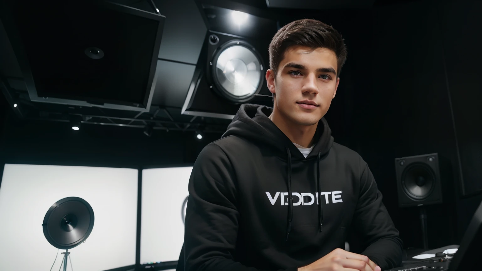 "A 21-year-old college student boy wearing a stylish black hoodie, caucasian white , with a recording studio office as a backdground . 8k, ultra realistic , looking at camera, Front view, white guy, front view, black hair, dark gray background youtube studio office