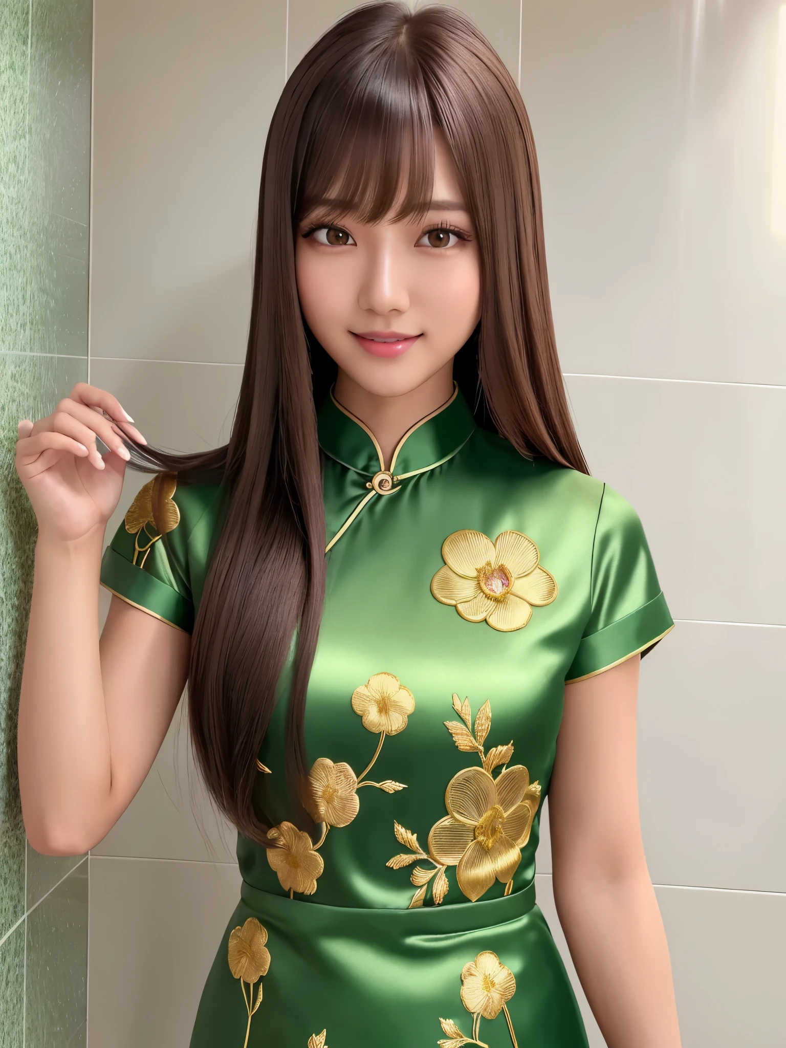 product quality, 1girl, upper body shot, front view, a Japanese young pretty girl, long bob hair, sitting with a big smile on a silk bed in a luxury hotel room, glamorous figure, wearing short sleeves shiny satin green cheongsam with many flower pattern embroideries with collared, hyper cute face, glossy lips, double eyelids in both eyes, natural makeup, long eyelashes, shiny smooth light brown long bob hair, asymmetrical bangs, a tanned skin, central image, high resolution, high detail, detailed hairstyle, detailed face, spectacular cinematic lighting, octane rendering, vibrant, hyper realistic, perfect limbs, perfect anatomy