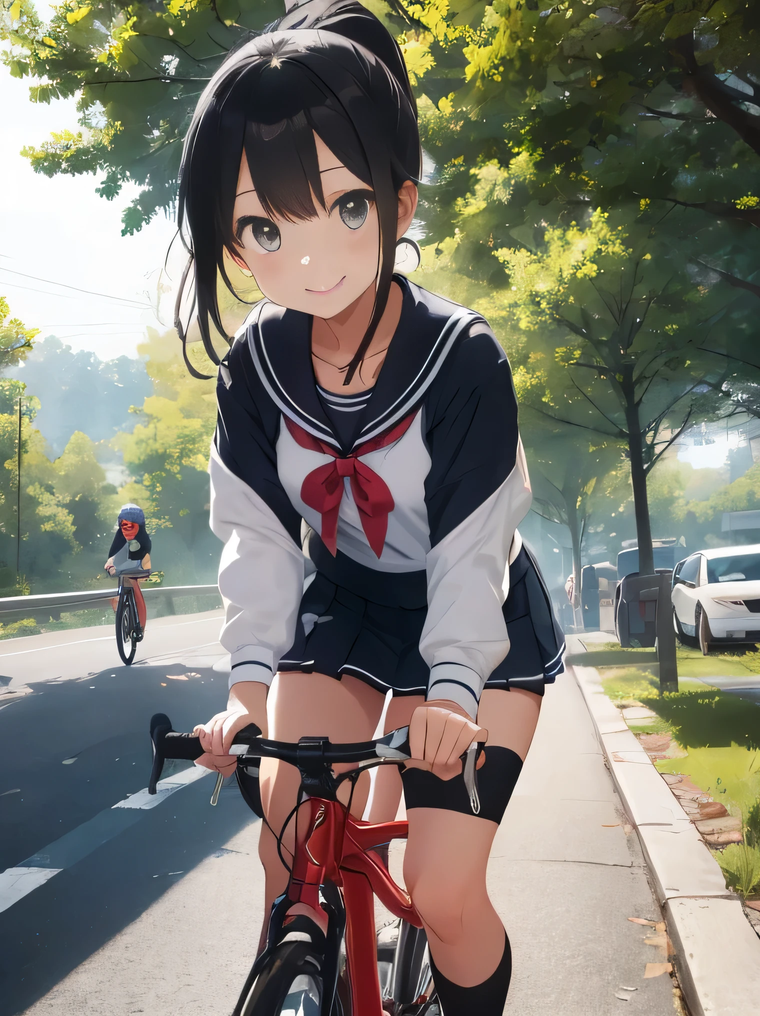 highest quality、detailed background、beautiful and detailed face、beautiful and smooth skin、Cute beautiful Iful Girl、Cute character wearing a sailor suit.、The costume is a uniform with a sailor collar and ribbon..、Cute Ponytail、 sleeveless、knee high socks、pleated mini skirt、Ride your road bike through nature parks and bike paths、Car traffic is restricted in nature parks and bicycle paths., For a safe and comfortable ride.。In a place surrounded by beautiful nature and greenery、Enjoy a relaxing drive.。smile