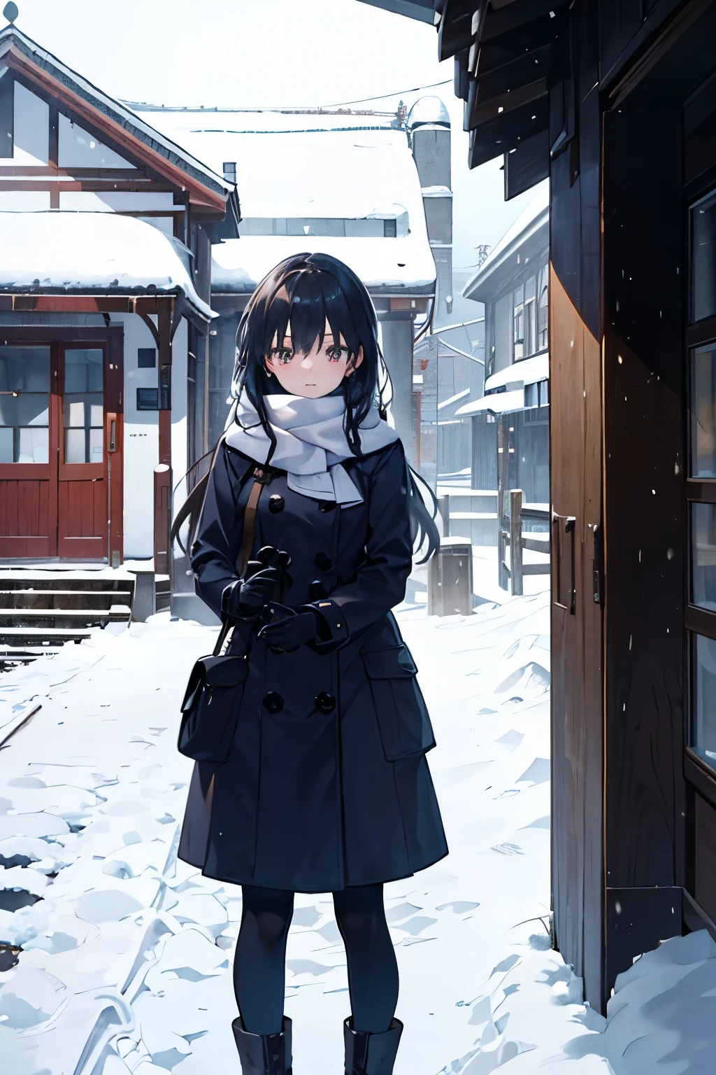 A traditional wooden train station on a snowy winter day, with a girl in a uniform waiting for a train. The girl is wearing a coat and gloves to keep warm in the cold weather. The scene captures the tranquility and isolation of the moment, highlighting the contrast between the warm wooden textures of the station and the cold, white snow covering the ground and parts of the roof. The girl stands patiently, her breath visible in the cold air, embodying a sense of anticipation and quietude. The overall atmosphere is serene and slightly nostalgic, evoking a timeless sense of waiting and travel in rural settings.