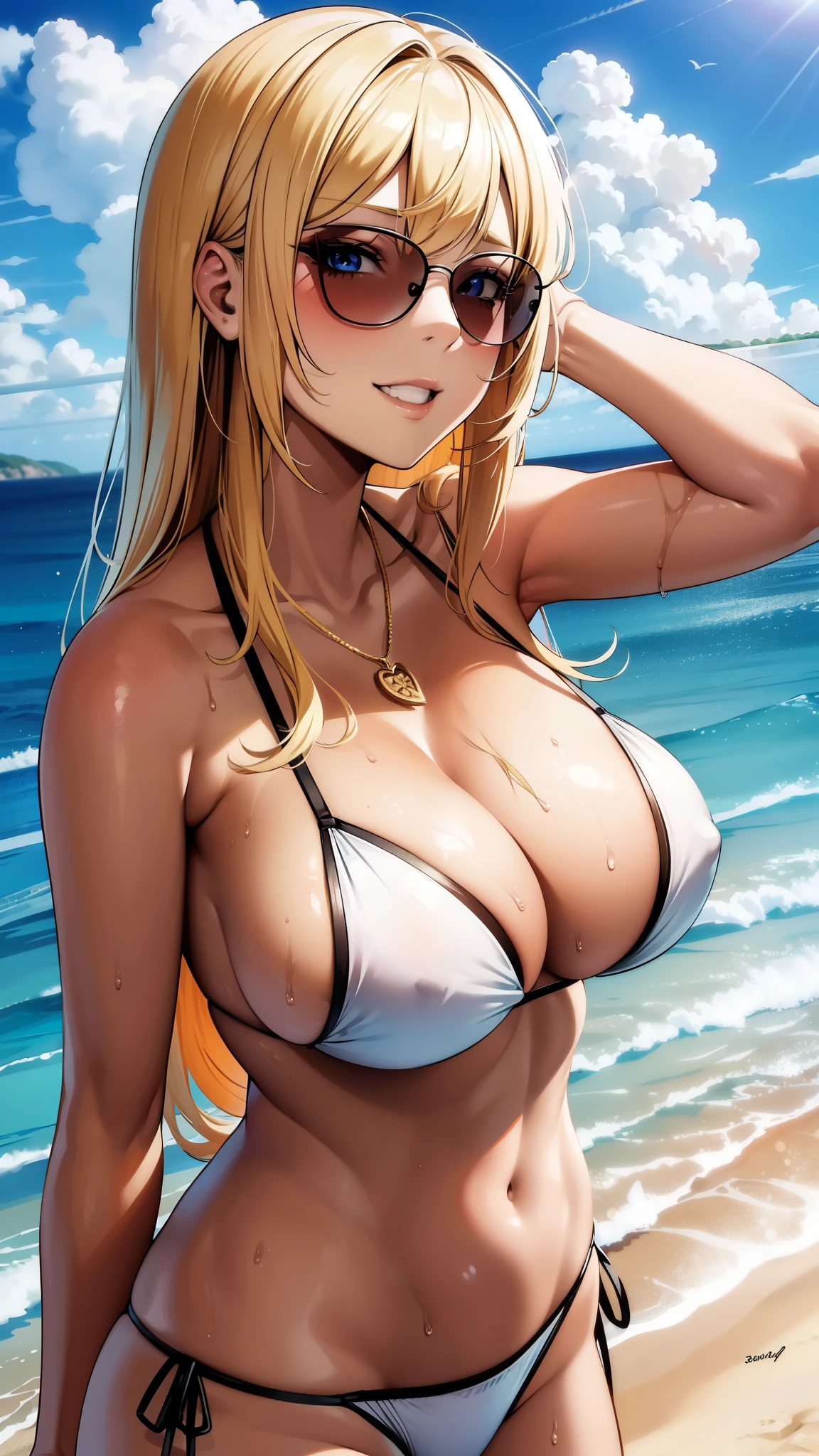 {8k image}, beautiful tanned woman (bikini tan lines), 30 years old, big blonde hair with bangs, wearing sunglasses and a pendant, looking at the viewer smiling, focus on the face and chest, {face and chest portrait}, Beach background, manga art style, lineart, lineart with fine lines