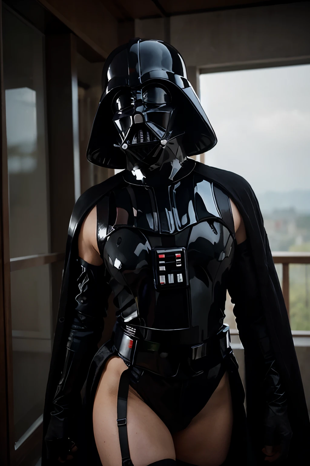 Darth Vader wearing helmet and red lingerie
