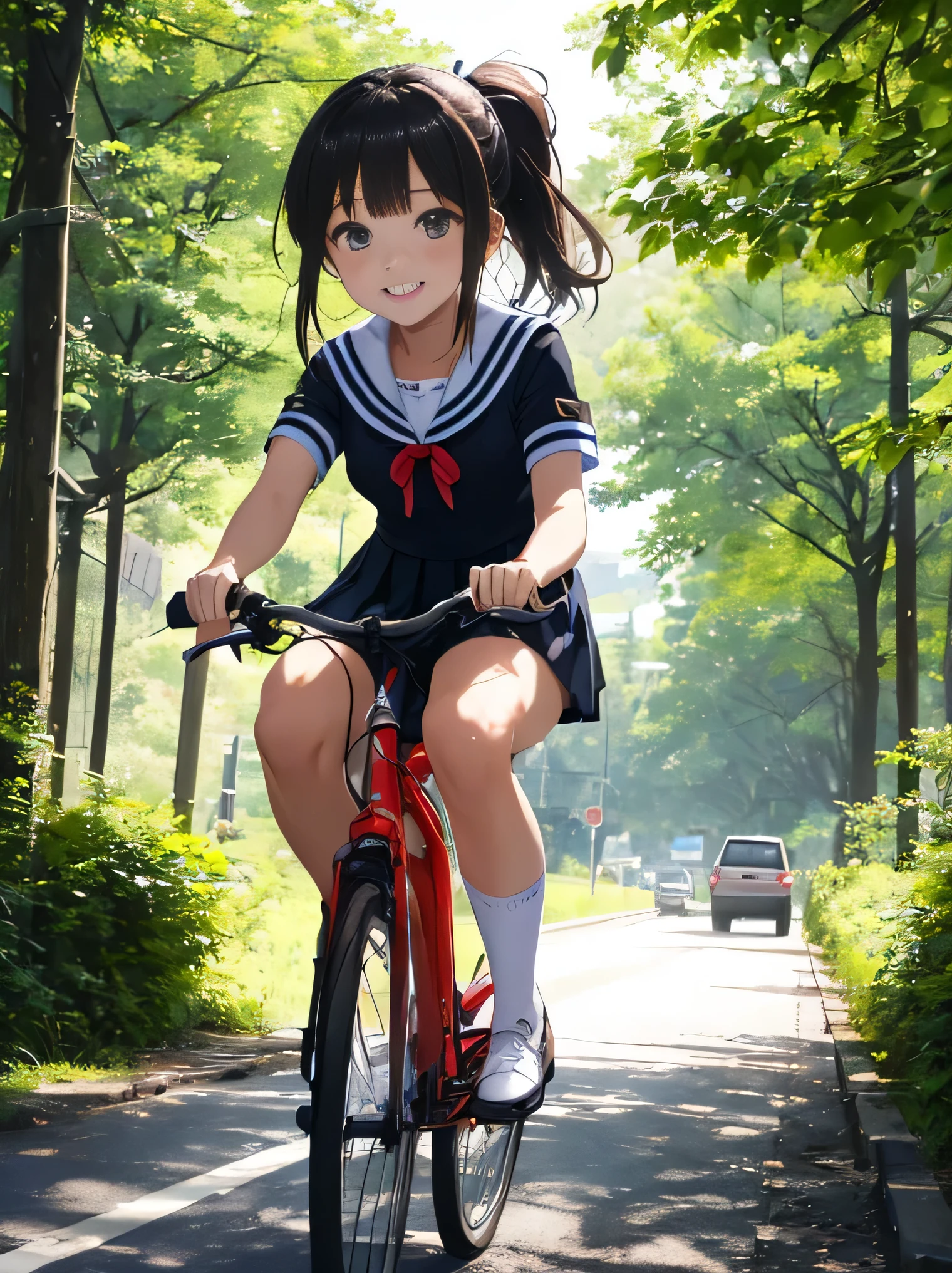 (8K、RAW photo、highest quality)、detailed background、beautiful and detailed face、beautiful and smooth skin、skin texture、professional lighting、Cute beautiful Iful Girl、Cute character wearing a sailor suit.、The costume is a uniform with a sailor collar and ribbon..、Cute Ponytail、 sleeveless、knee high socks、pleated mini skirt、Ride your road bike through nature parks and bike paths、Car traffic is restricted in nature parks and bicycle paths., For a safe and comfortable ride.。In a place surrounded by beautiful nature and greenery、Enjoy a relaxing drive.。smile