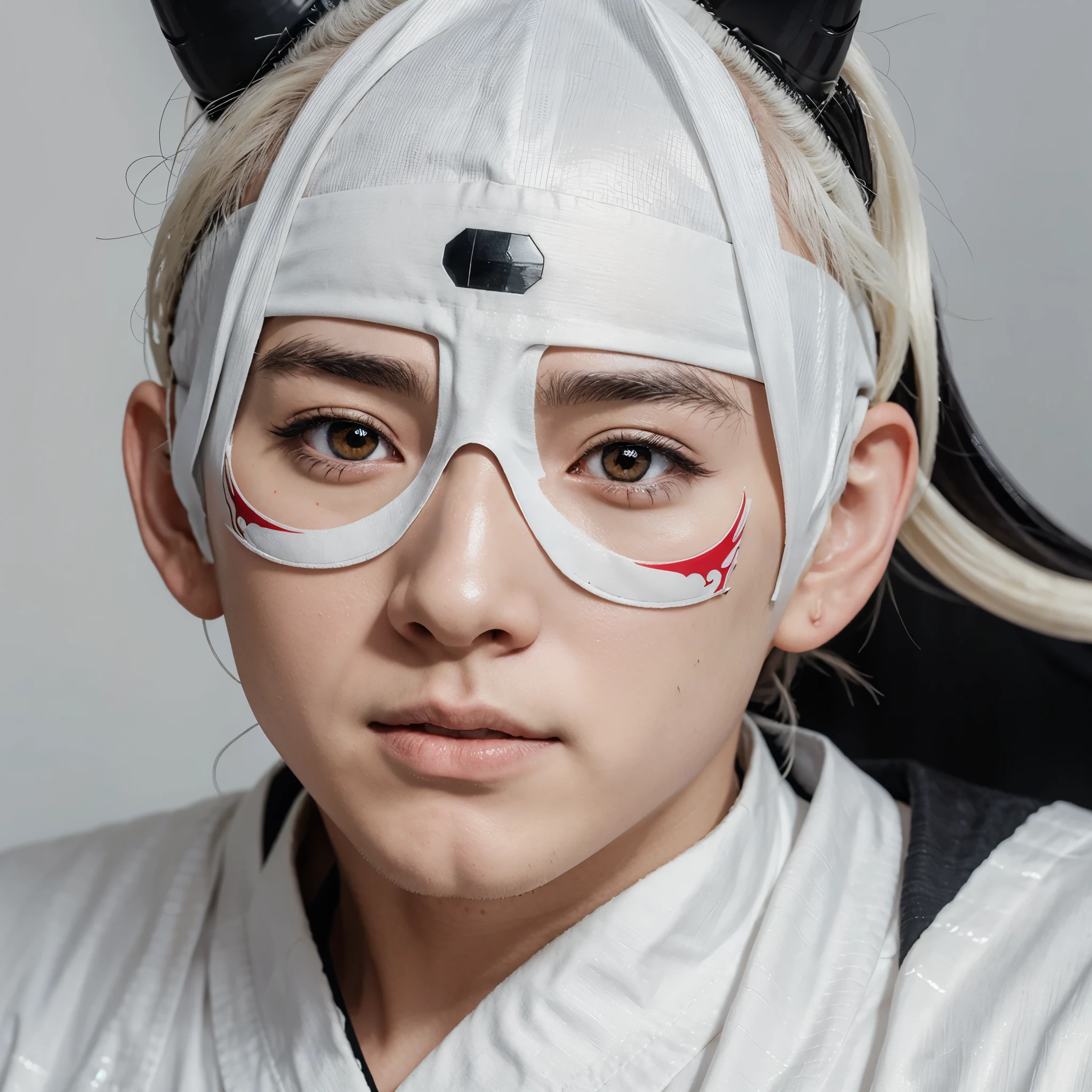 A beautiful illustration of an anime boy with a white kimono and a black four-eyed mask with a horn on his forehead
