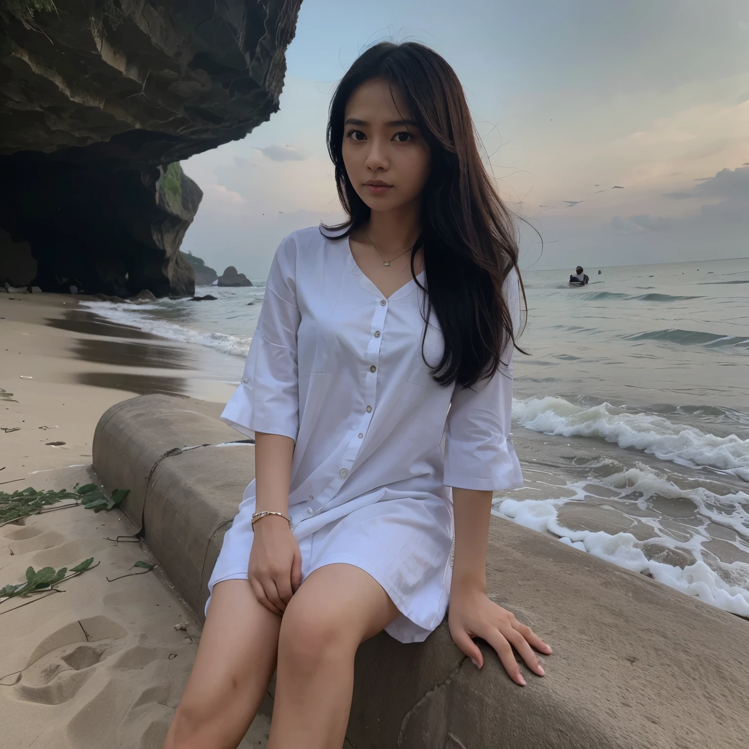 Seorang wanita umur 25 tahun sedang berdiri di pantai tanpa menggunakan baju satupun