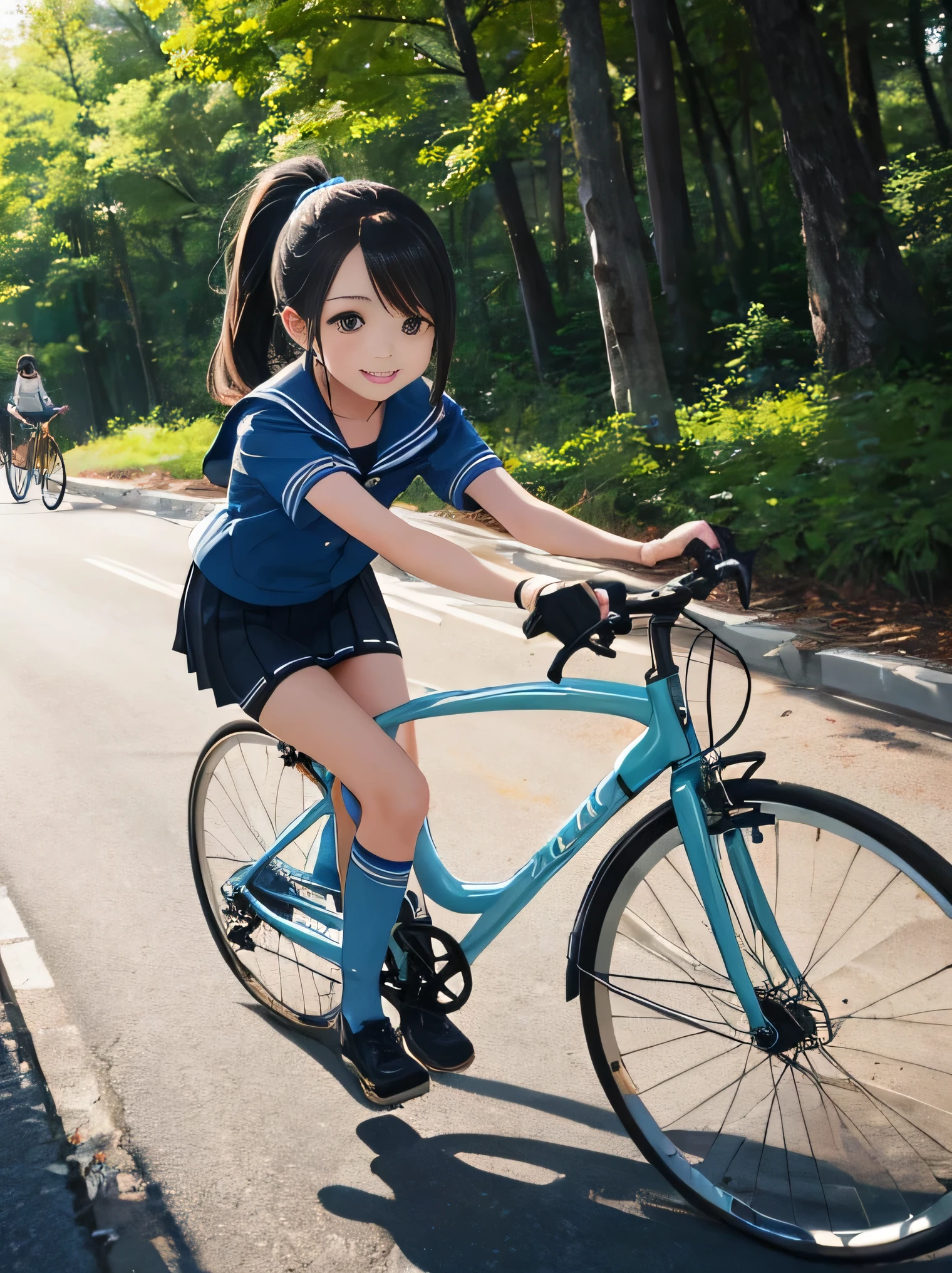 (8K、RAW photo、highest quality)、detailed background、beautiful and detailed face、beautiful and smooth skin、skin texture、professional lighting、Cute beautiful Iful Girl、Cute character wearing a sailor suit.、The costume is a uniform with a sailor collar and ribbon..、Cute Ponytail、 sleeveless、knee high socks、pleated mini skirt、Ride your road bike through nature parks and bike paths、Car traffic is restricted in nature parks and bicycle paths., For a safe and comfortable ride.。In a place surrounded by beautiful nature and greenery、Enjoy a relaxing drive.。smile