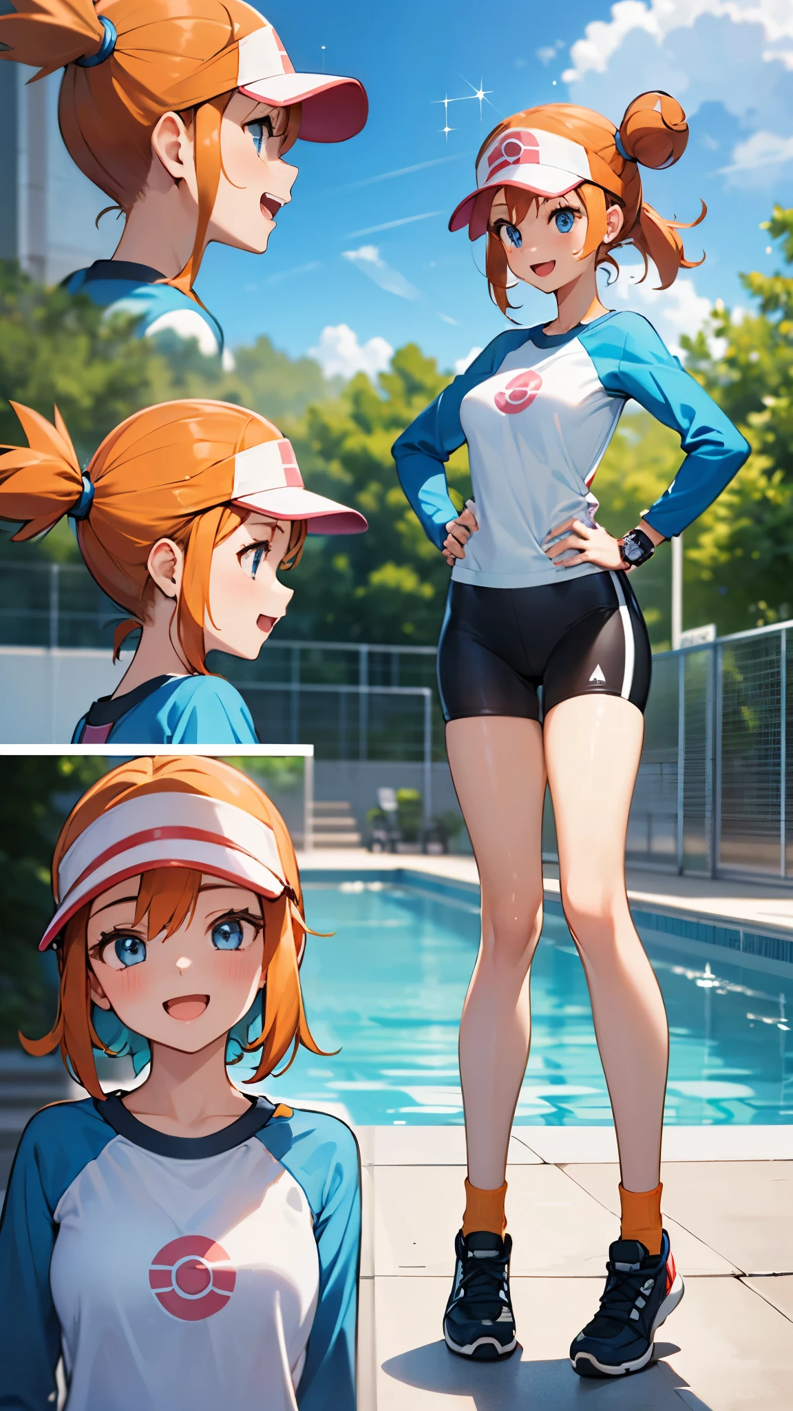 1 girl, masterpiece, best quality, highres, ro1, Misty from pokemon, hair bun, blue eyes, visor cap, , raglan sleeves, blue bicycle shorts, small ponytail on the side, wristwatch, standing, hand on hip, smile, open mouth, (sparkle:1.1), orange hair, medium breasts, 3/4 body view, outdoors, swimming pool