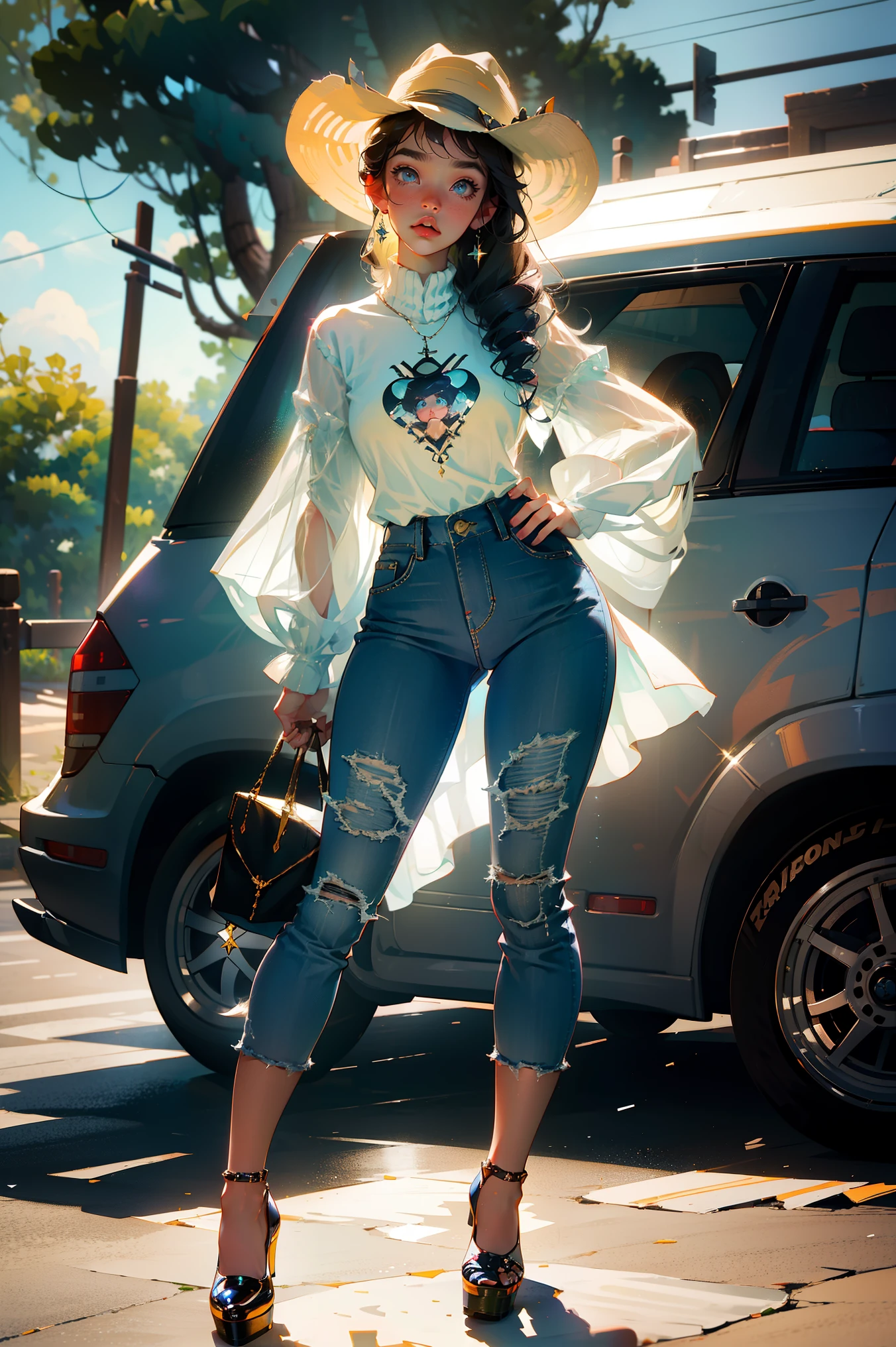 a beautiful cowgirl.A little obese,White high heels on her in the middle of the street in a small village. She was holding two large revolvers........, One per hand, Wear denim clothes,Wear hot pants, A hat. Her hair was long and curly. This is a spectacular full body image,Small upward tilt angle,fat leg,fat ass。