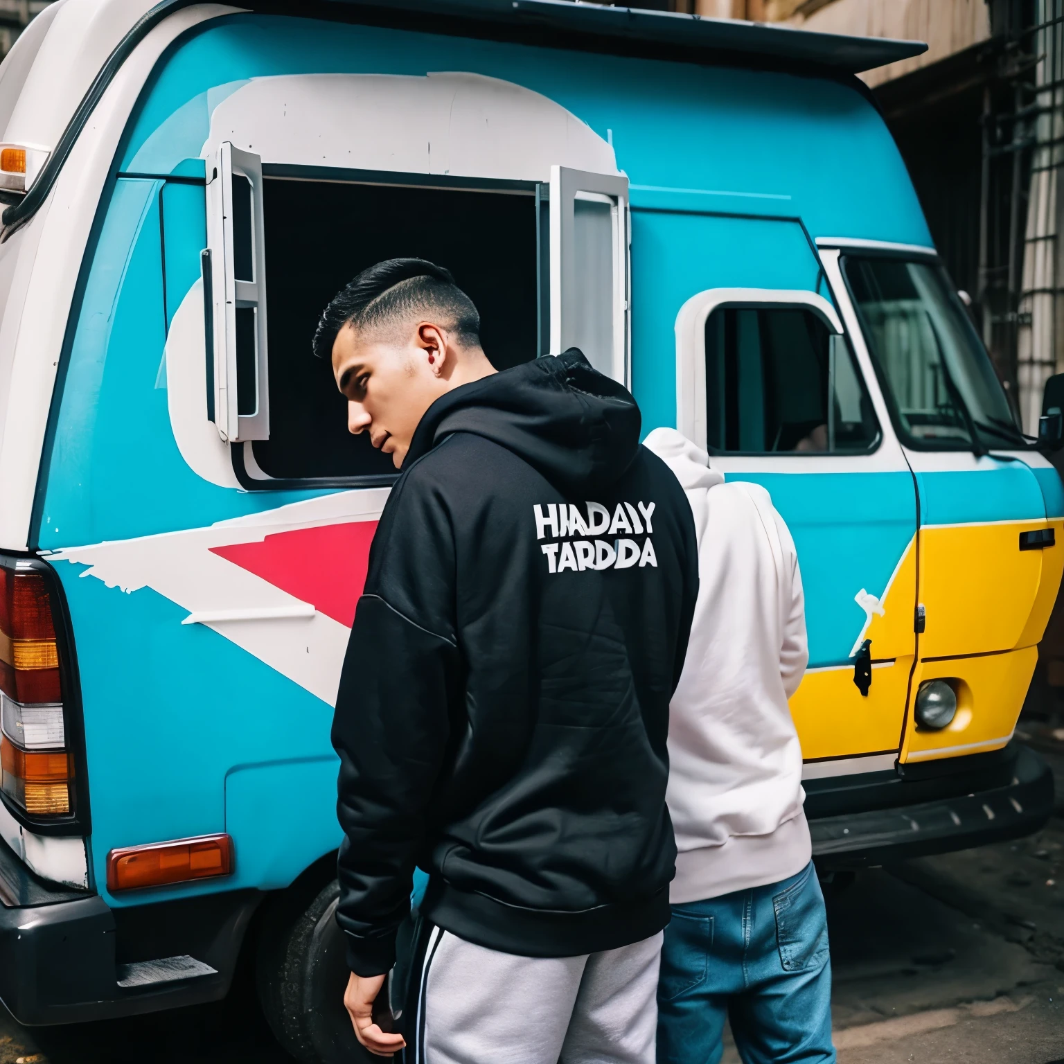 A man wearing a hoodie and sneakers is writing graffiti with colorful spray paint on the back of a truck that says "HBD AKMAL", decorated with a beautiful girl character wearing top pliers, seductive, dynamic, cinematic realistic.