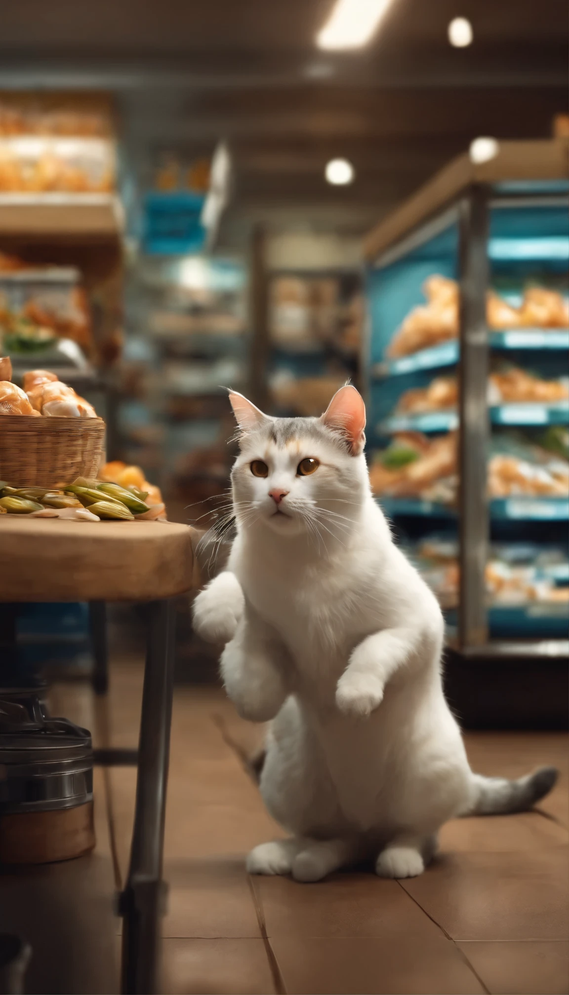 cat's eyes, Muscular cat, white shirt, overalls, supermarket, Inside the store, Add fish and steal the fleeing fish, Arrested by the police and handcuffed by Kenket, (sharp focus, masterpiece, 8K, intricate artwork, very detailed, high detail)