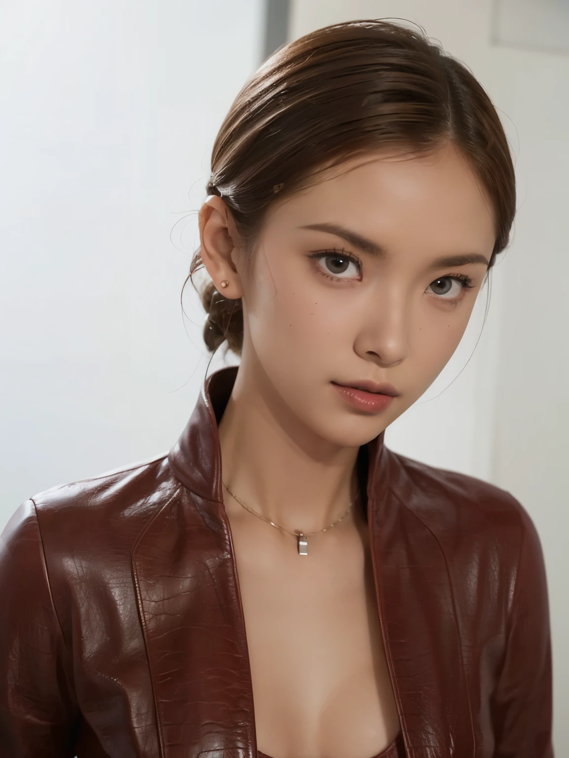 best quality, realistic, white background, KristannaTX, (a female Indonesian supermodel), (wine red leather jacket:1.1), seductive smile, (dark hair), (updo hair:1.0), perfect eyes, sharp details, detailed face, (face makeup), (cheeks blush), (eyeliner), (eyeshadows), (lip gloss:1.0), (deep focus), (professional photography), (macro photography), (clear lighting:1.1)
