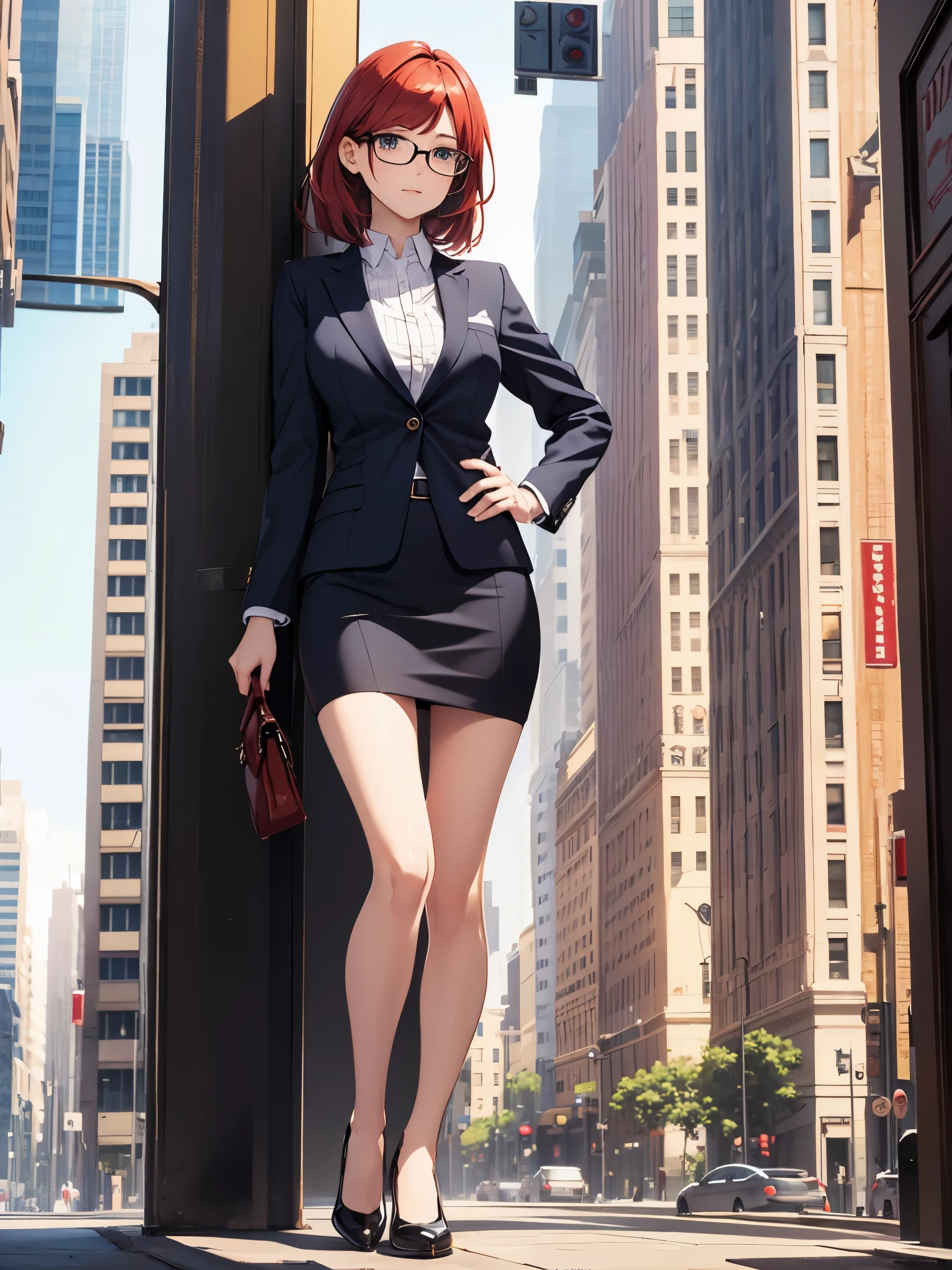 1girl, medium breasts, bare legs, shoes, shoes, city backdrop, solo, single, standing, full body shot, cowboy shot, beautiful detailed eyes, mature lady, glasses, office lady, blue suit, blue pencil skirt, miniskirt, red hair, medium hair