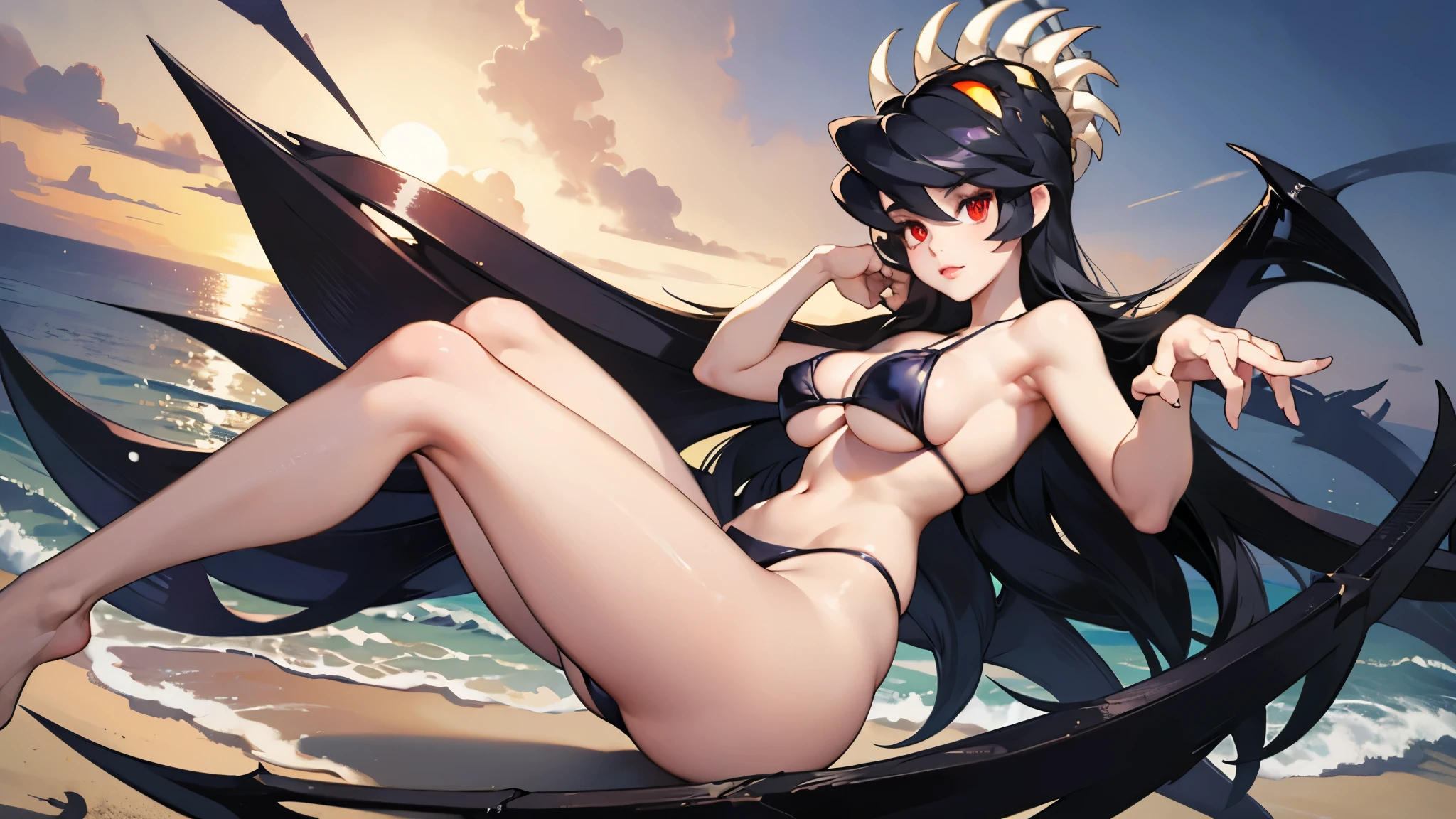 Filia, wearing a sexy black bikini, big breasts, wide hips, tiny waist, big thighs, big ass, long hair, detailed eyes, anatomically perfect body, long legs, feminine and beautiful hands, detailed image, detailed body, detailed hands, detailed background, beach, masterpiece, work of art