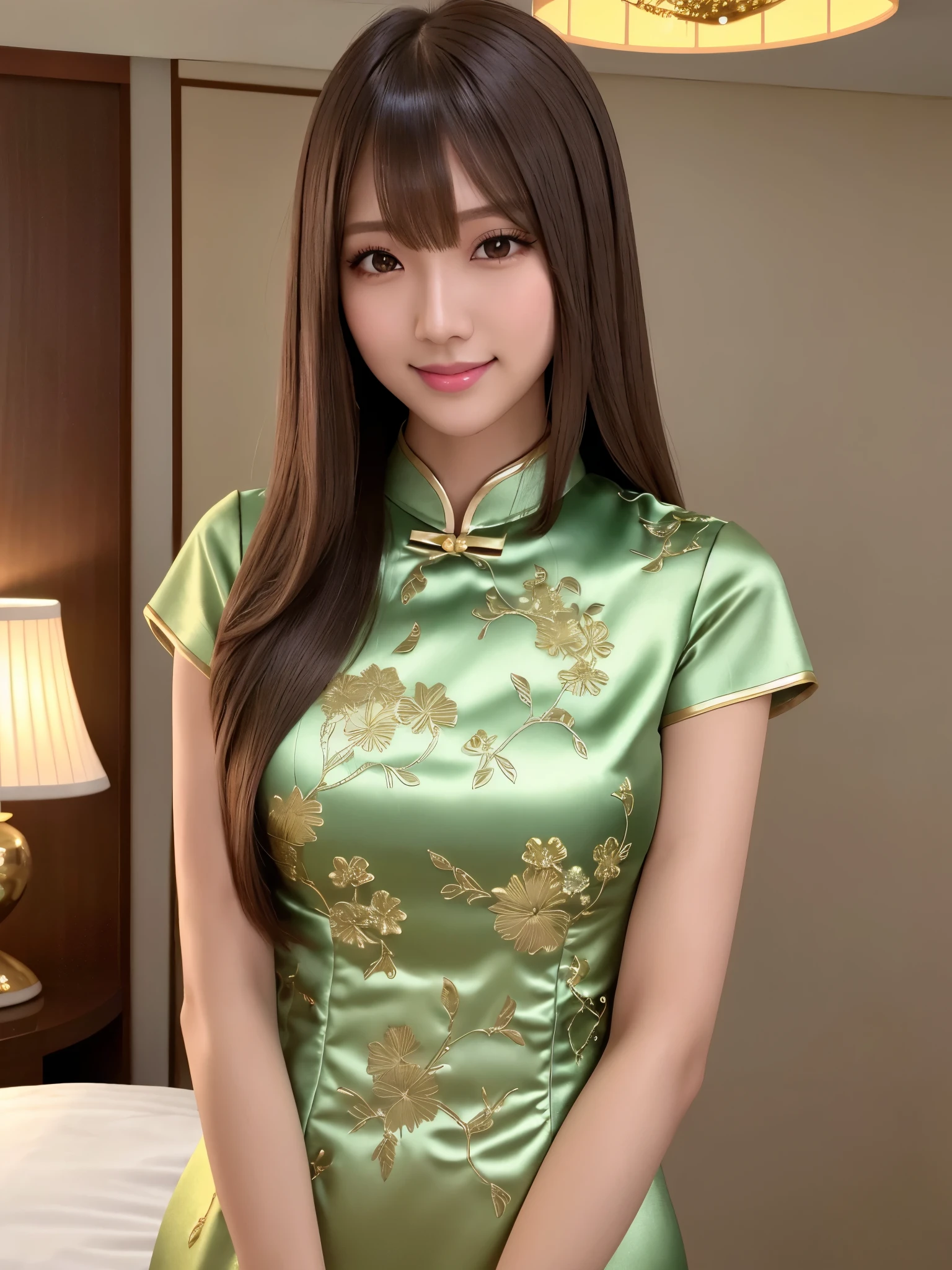 product quality, 1girl, upper body shot, front view, a Japanese young pretty girl, long bob hair, standing with a big smile in a luxury hotel room, glamorous figure, wearing short sleeves shiny satin green cheongsam with many flower pattern embroideries with collared, hyper cute face, glossy lips, double eyelids in both eyes, natural makeup, long eyelashes, shiny smooth light brown long bob hair, asymmetrical bangs, a tanned skin, central image, high resolution, high detail, detailed hairstyle, detailed face, spectacular cinematic lighting, octane rendering, vibrant, hyper realistic, perfect limbs, perfect anatomy