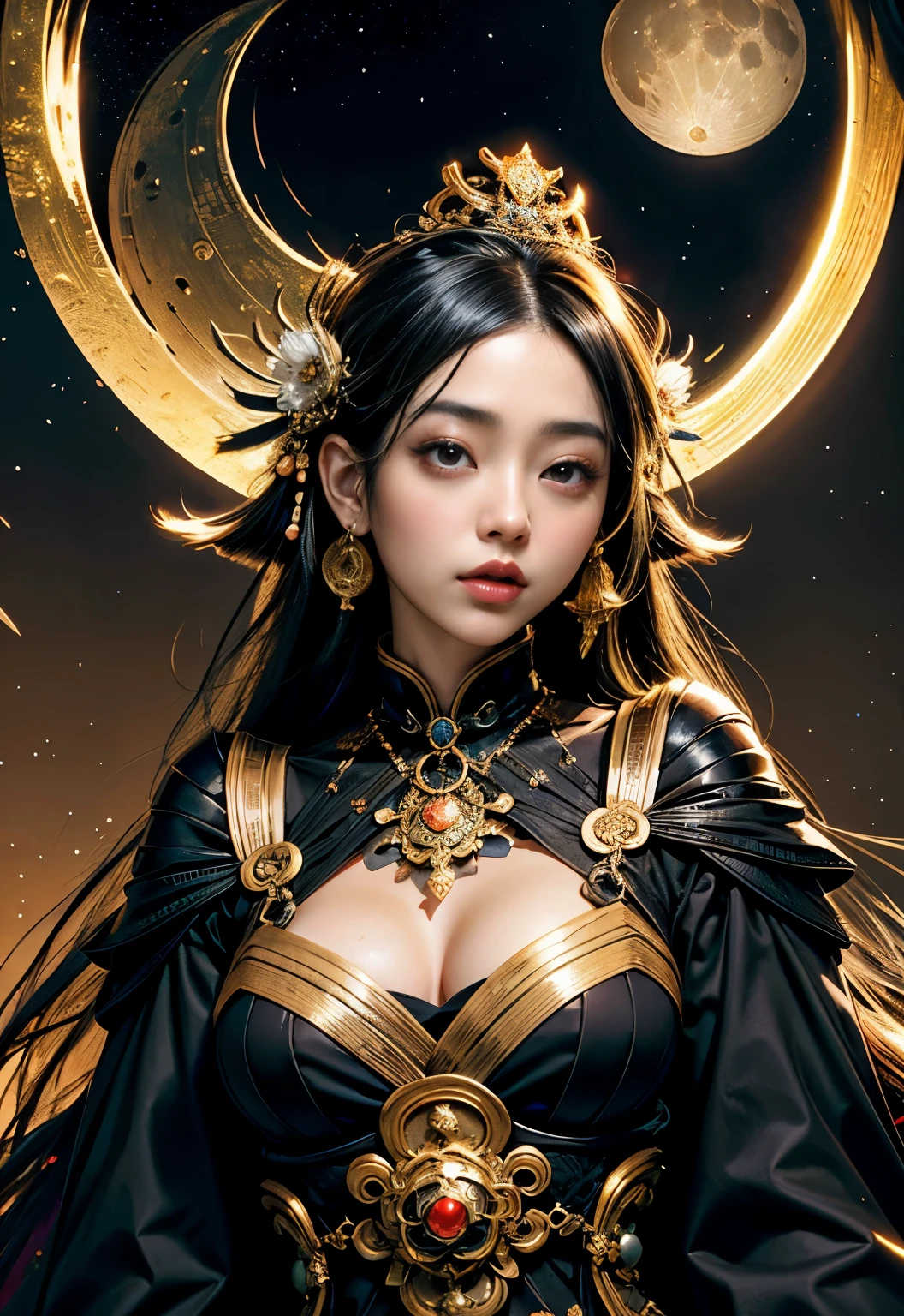 in style of Thierry Mugler，character concept design, half body，Asian Girls，Cyberpunk style，galaxy，Fractal，Halo，Fantasy art,(insanely detailed and intricate, Hypermaximalist, elegant, ornate, hyper realistic, super detailed:1.1)