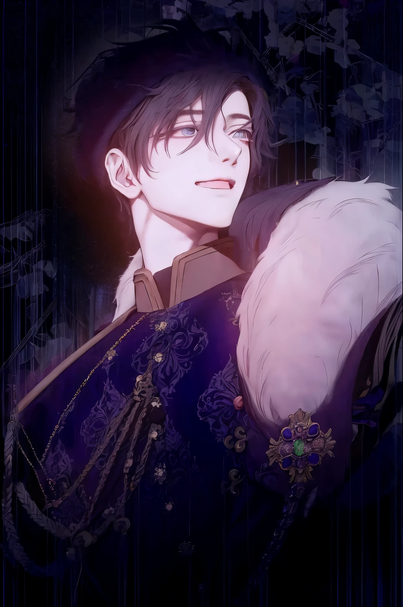anime character with purple coat and black hat, handsome androgynous prince, handsome prince, delicate androgynous prince, visual chave anime de elegante, inspirado em Okumura Masanobu, pose elegante real, renaissance prince, imagem de anime shuushuu, ((vestindo manto aristocrata)), Cara de anime alto com olhos azuis