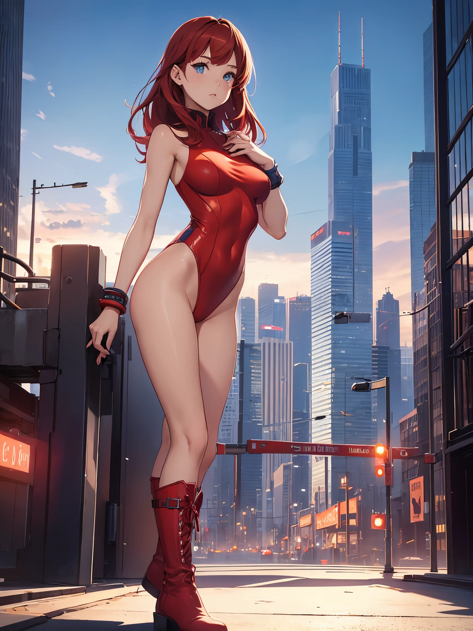 1girl, medium breasts, leotard, red leotard with blue accents, bare legs, boots, matching boots, bracelets, city backdrop, solo, single, standing, full body shot, cowboy shot, beautiful detailed eyes, mature lady, red hair, medium hair