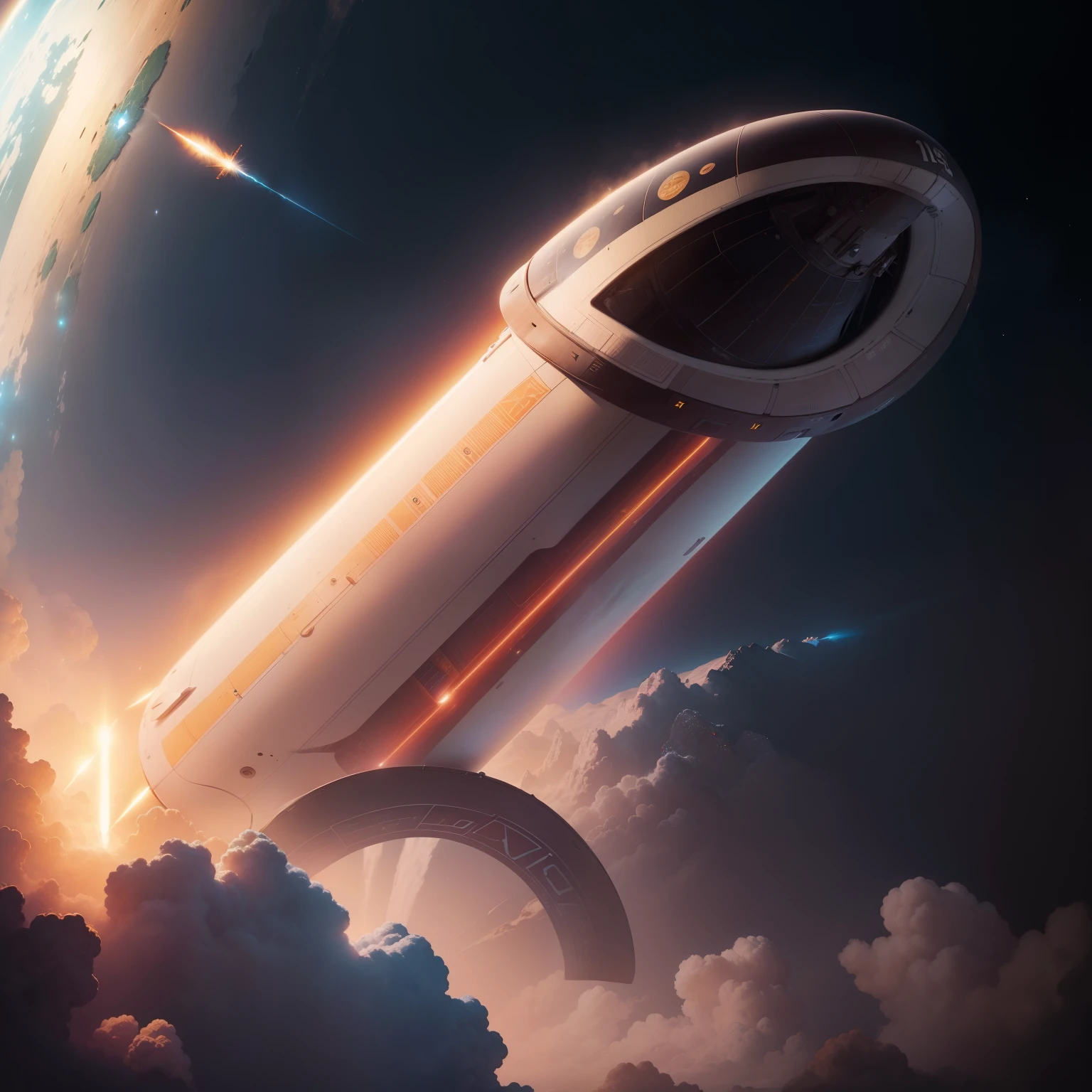 Close up of a rocket flying through the sky, vintage sci - fi art, vintage scifi, painting of ornate space ship, vintage retro scifi, retro sci - fi art, 1 9 5 0 s scifi, retro 1 9 6 0 s sci - fi art, vintage scifi poster, vintage sci - fi, space craft, retro scifi, vintage sci fi