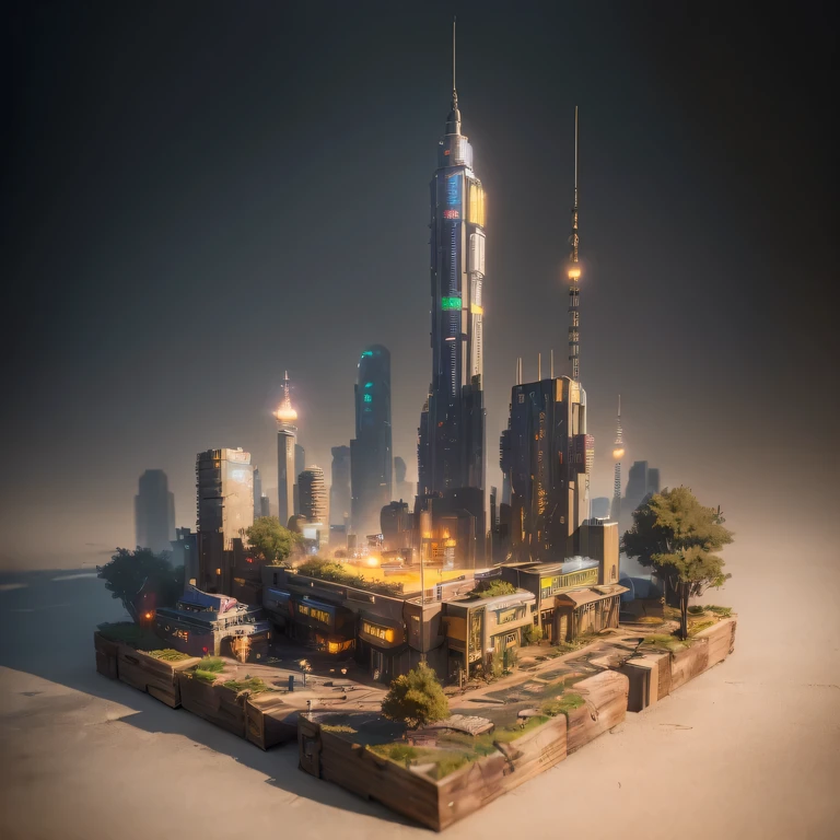 small realistic model, (bifurcation, original photo, best quality, masterpiece:1.4),Steampunk Cyberpunk 1820 City,(Cyberpunk light:1.3), Mards,horizon (related to land),(in a small nature box:1.3),Isometric, small nature, landscape on foundation,landscape,