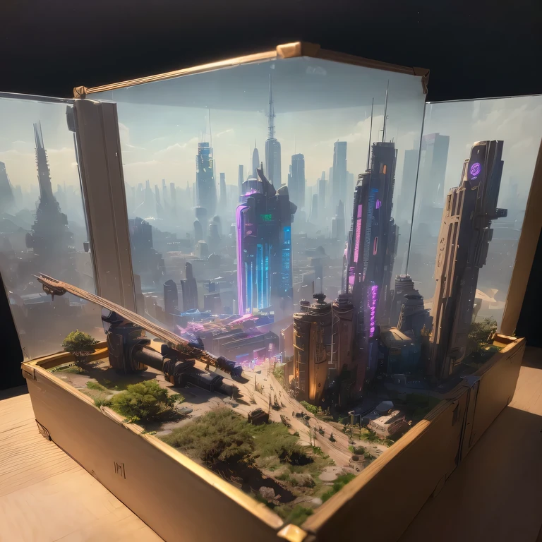 small realistic model, (bifurcation, original photo, best quality, masterpiece:1.4),Steampunk Cyberpunk 1820 City,(Cyberpunk light:1.3), Mards,horizon (related to land),(in a small nature box:1.3),Isometric, small nature, landscape on foundation,landscape,