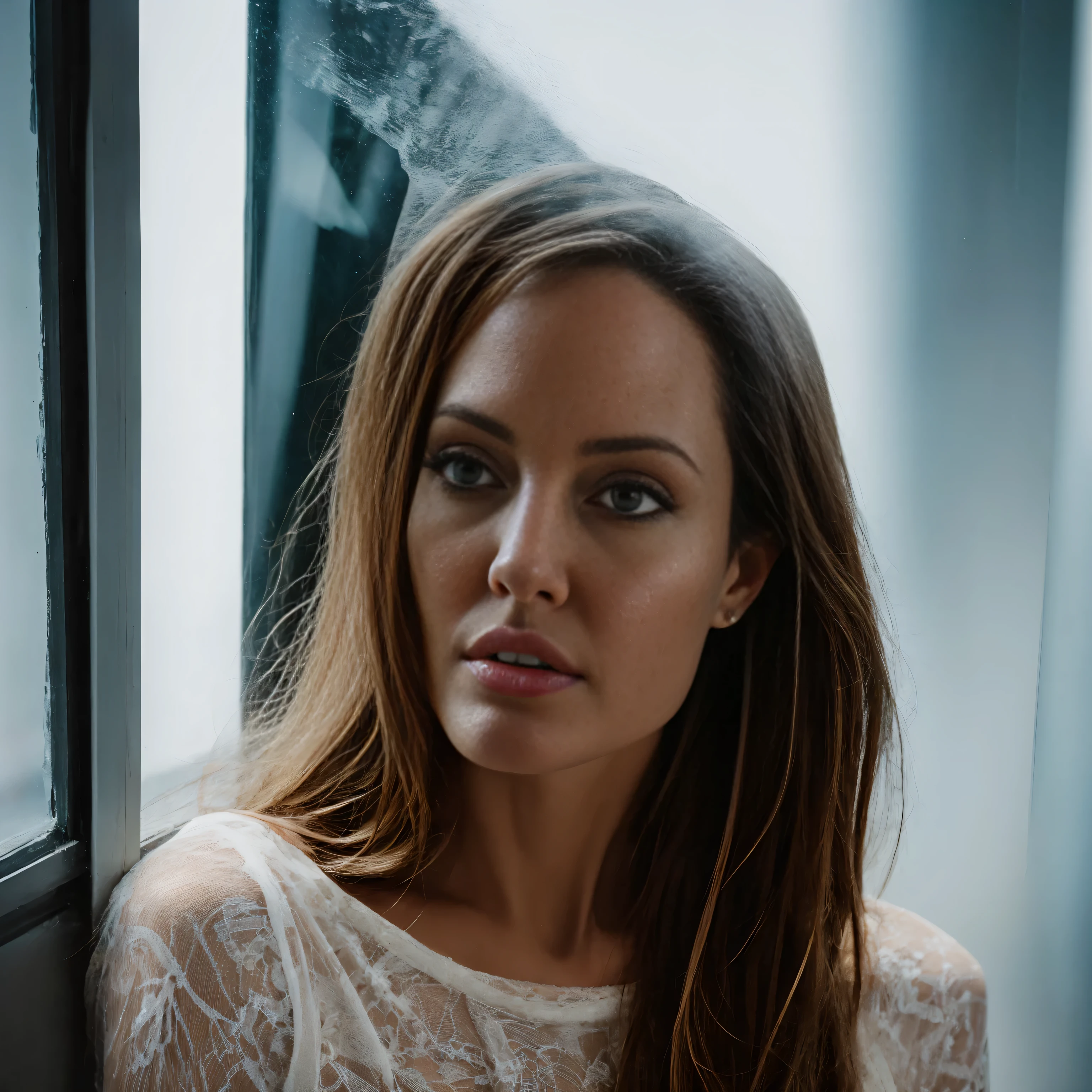 Angelina Jolie on top kissing a very pretty readhead danish woman with messy long hair sleep on the bed, unique face, natural skin, candid poses, wearing a transparent lace dress, wet glass window, detailed face and eyes, perfect object, cinematic dark light, photo contest composition, analog film photo color, ultra realistic pohotography, top wide portrait view, Aesthetic atmosphere, dramatic, rays lighting, Sigma 24mm f1.8 lens, 8k, highly resolution, ultra highly detailed, Ultra hd, depth of field, sharp focus