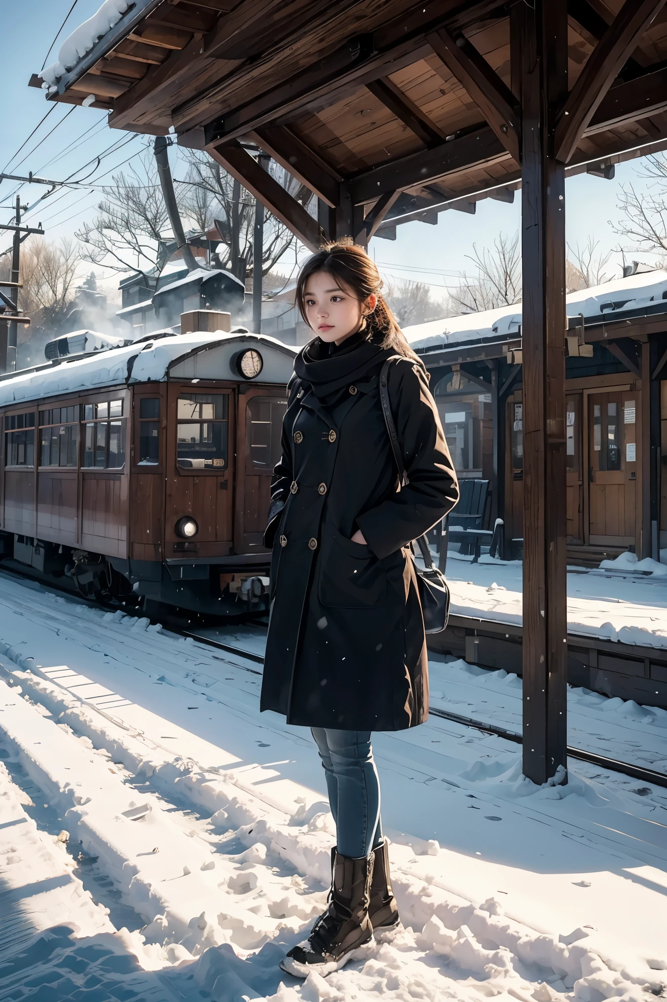 A traditional wooden train station on a snowy winter day, with a girl in a uniform waiting for a train. The girl is wearing a coat and gloves to keep warm in the cold weather. The scene captures the tranquility and isolation of the moment, highlighting the contrast between the warm wooden textures of the station and the cold, white snow covering the ground and parts of the roof. The girl stands patiently, her breath visible in the cold air, embodying a sense of anticipation and quietude. The overall atmosphere is serene and slightly nostalgic, evoking a timeless sense of waiting and travel in rural settings.